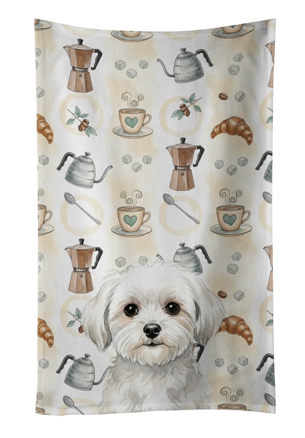 Maltese Coffee Bar Kitchen Towel Velour Plush Front and Cotton Loop Back Machine Washable