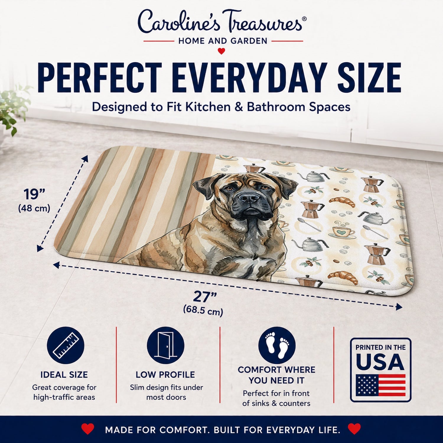 Brindle Mastiff Coffee Bar Memory Foam Kitchen Mat Machine Washable Anti-Fatigue Cushion Comfort Bath or Kitchen Rug