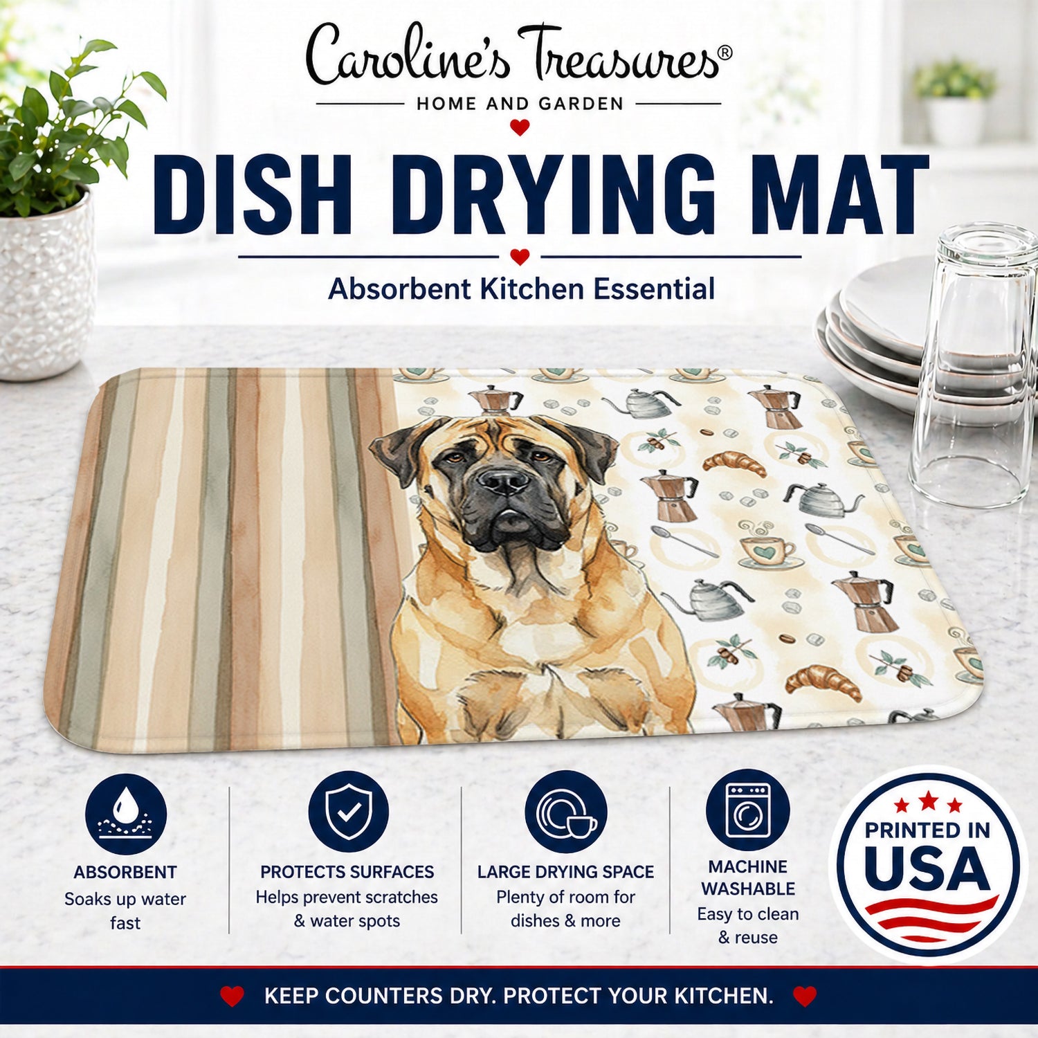 Fawn Mastiff Coffee Bar Dish Drying Mat Absorbent Dish Drying Mat Pad for Kitchen Counter Dish Drainer Mat for Countertop, 14 x 21", Multicolor