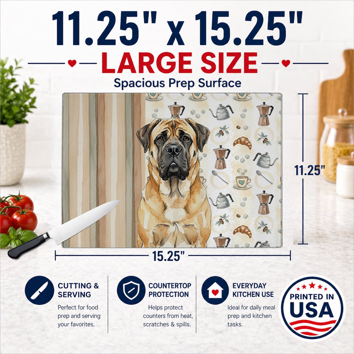 Fawn Mastiff Coffee Bar Cutting Board Tempered Glass Kitchen Cutting Surface, Heat Resistant Chopping, Non-Slip Feet, Food Prep & Serving