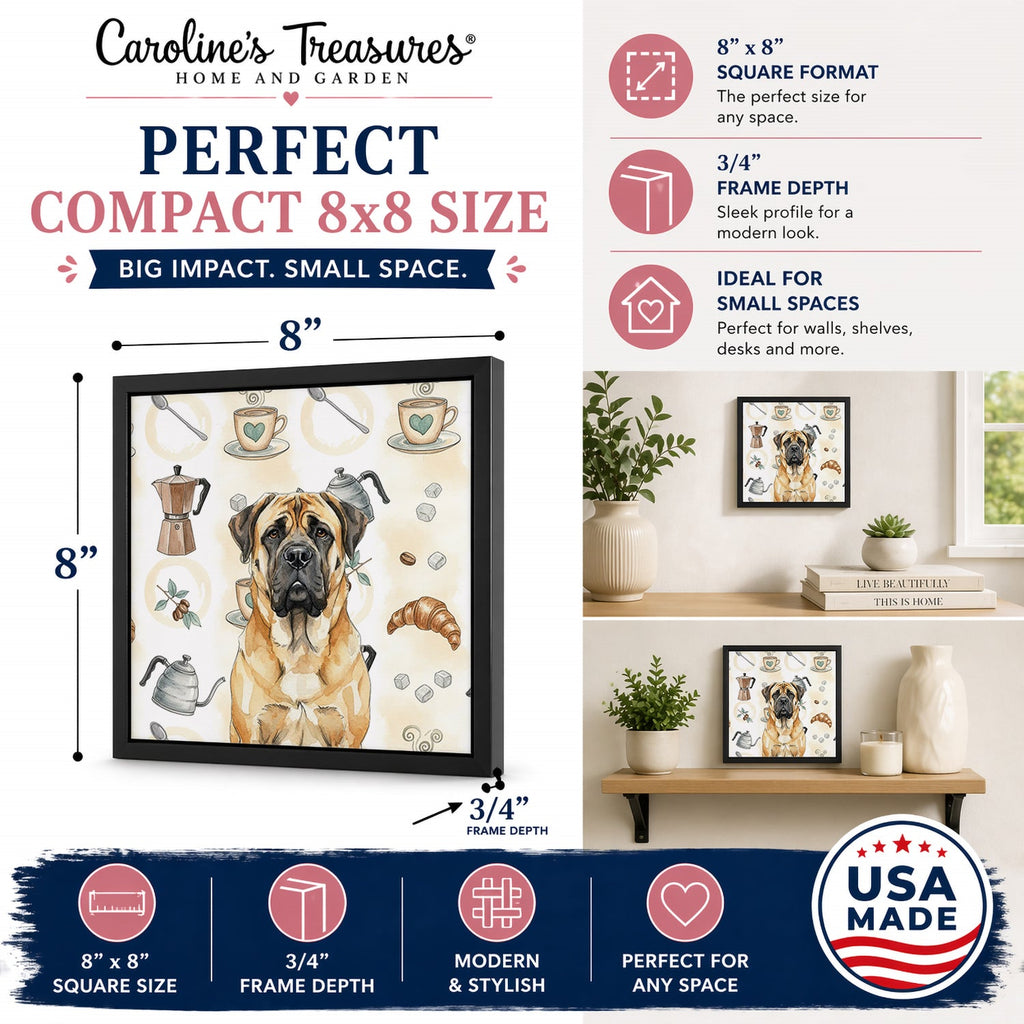 Fawn Mastiff Coffee Bar Framed Metal Print Bathroom, Kitchen, Office, Home Decor Wall Art Ready to Hang, Square, 8X8