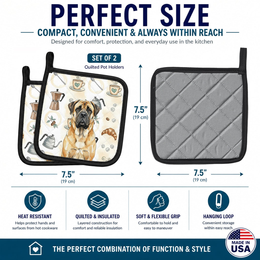 Fawn Mastiff Coffee Bar Pot Holder Set of 2 Heat Resistant Quilted Hot Pads 7.5 x 7.5 Inch, Insulated Kitchen Trivets for Cooking & Baking
