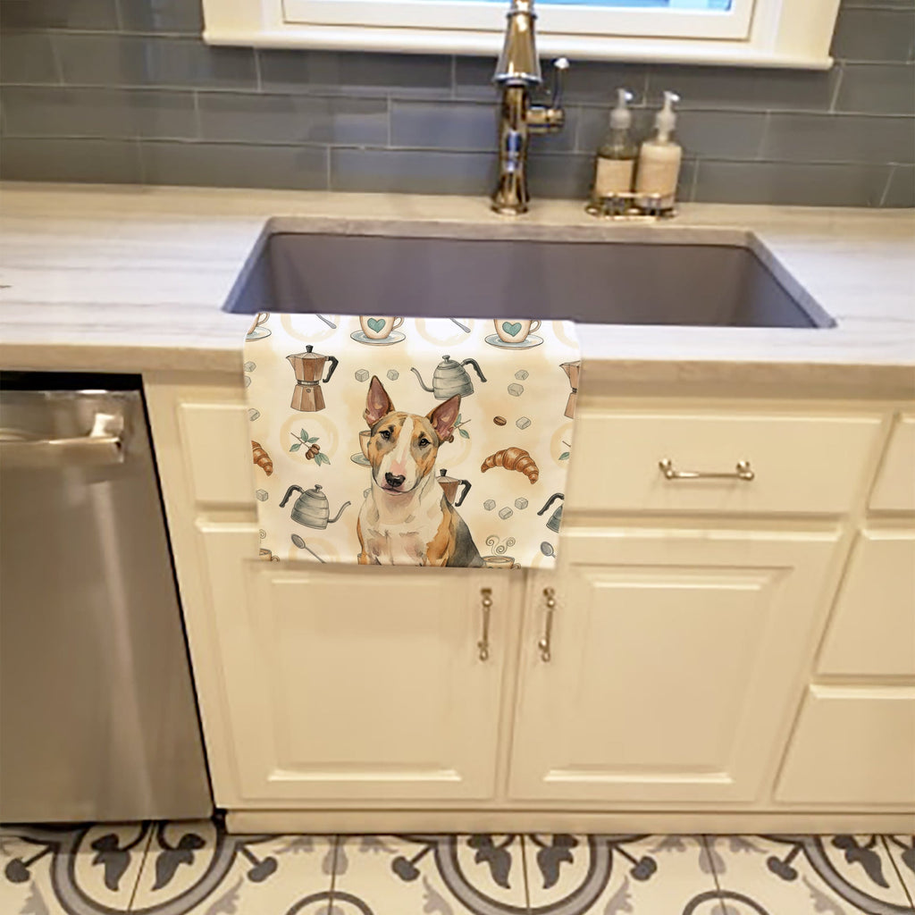Tricolor Miniature Bull Terrier Coffee Bar Kitchen Towel Velour Plush Front and Cotton Loop Back Machine Washable