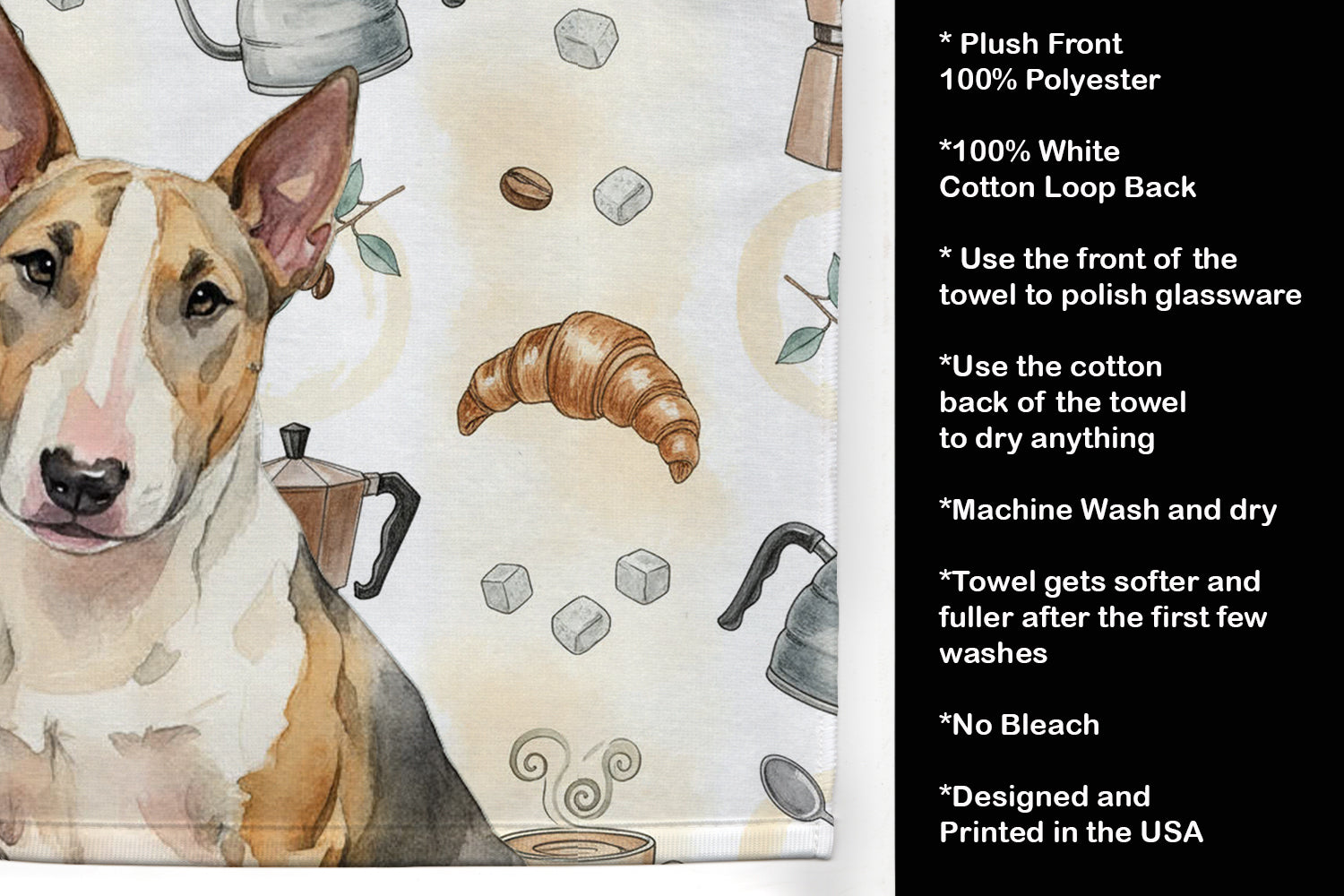 Tricolor Miniature Bull Terrier Coffee Bar Kitchen Towel Velour Plush Front and Cotton Loop Back Machine Washable