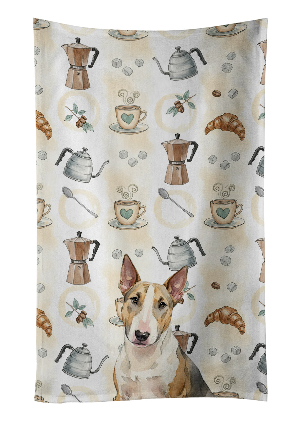 Tricolor Miniature Bull Terrier Coffee Bar Kitchen Towel Velour Plush Front and Cotton Loop Back Machine Washable