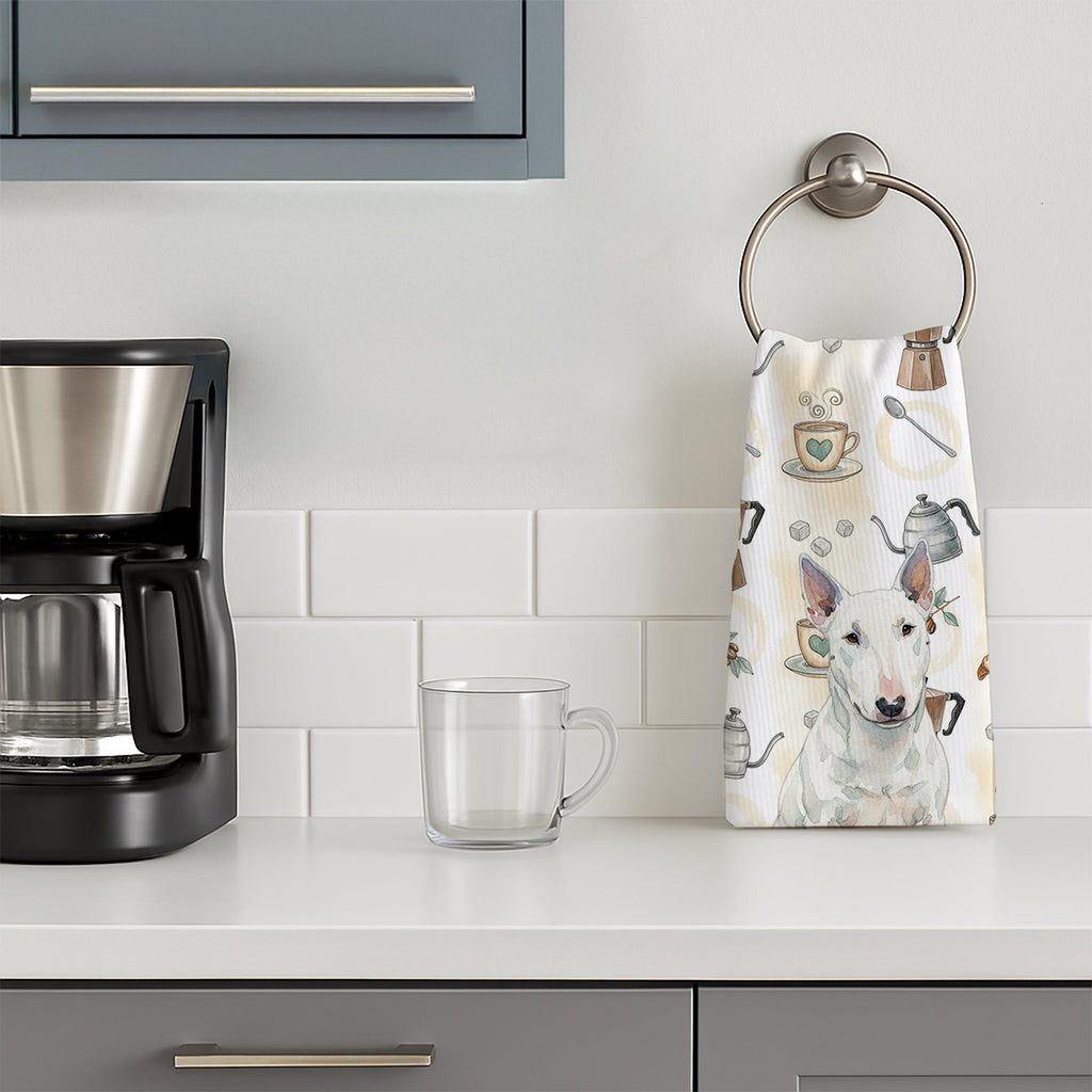 White Miniature Bull Terrier Coffee Bar Kitchen Towel Velour Plush Front and Cotton Loop Back Machine Washable