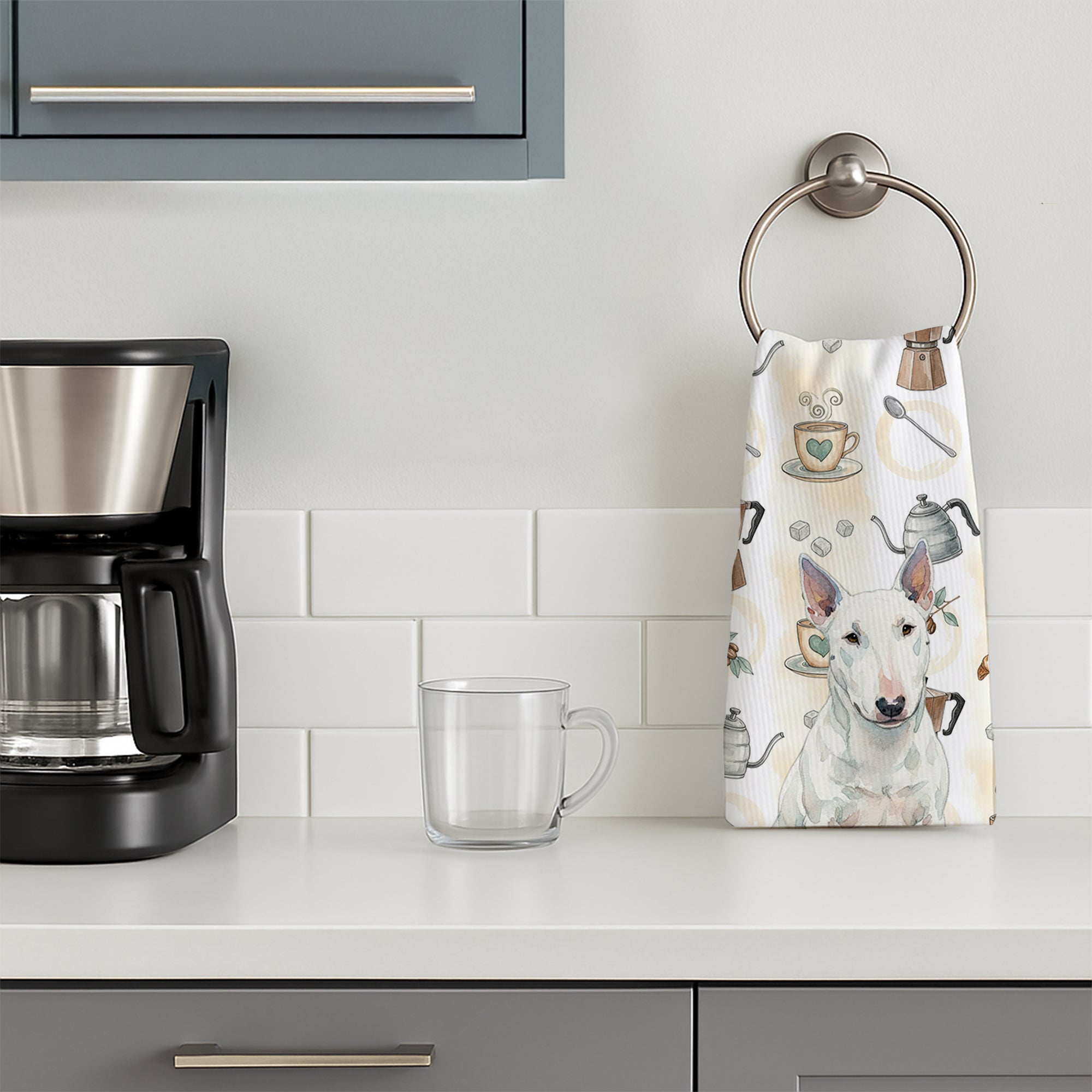 White Miniature Bull Terrier Coffee Bar Kitchen Towel Velour Plush Front and Cotton Loop Back Machine Washable