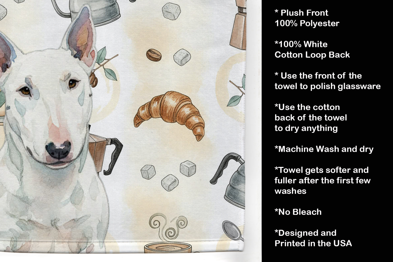 White Miniature Bull Terrier Coffee Bar Kitchen Towel Velour Plush Front and Cotton Loop Back Machine Washable