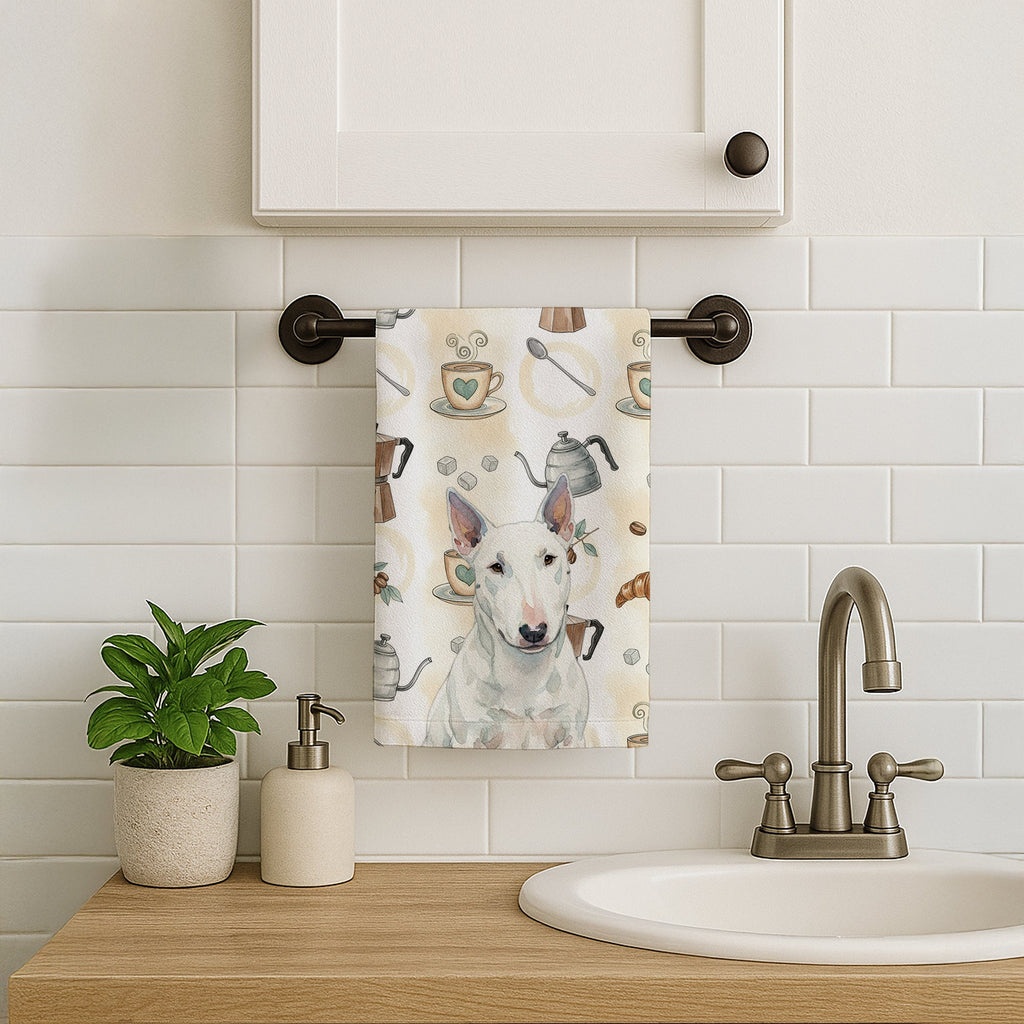 White Miniature Bull Terrier Coffee Bar Kitchen Towel Velour Plush Front and Cotton Loop Back Machine Washable