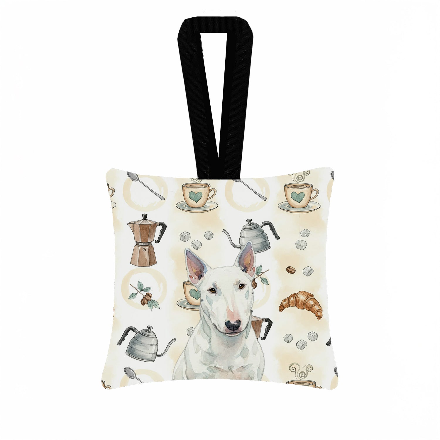 White Miniature Bull Terrier Coffee Bar Hanging Square Fabric Ornament 3.5 � 3.5 Decorative Door-Knob & Tree Hanger, Soft Fabric