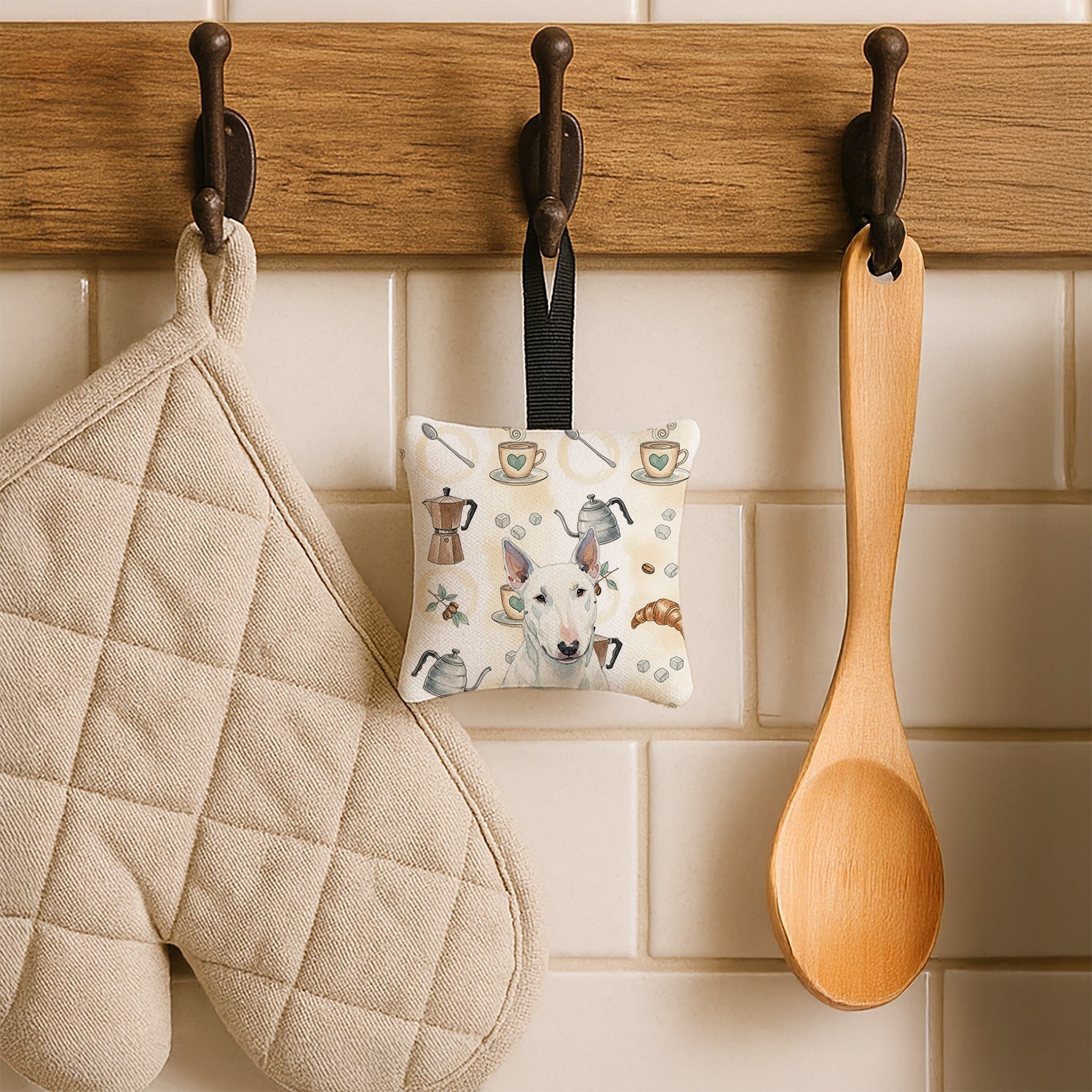 White Miniature Bull Terrier Coffee Bar Hanging Square Fabric Ornament 3.5 � 3.5 Decorative Door-Knob & Tree Hanger, Soft Fabric