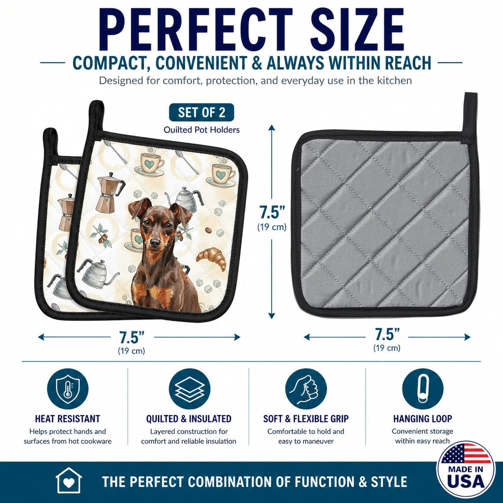Chocolate and Rust Miniature Pinscher Min Pin Coffee Bar Pot Holder Set of 2 Heat Resistant Quilted Hot Pads 7.5 x 7.5 Inch, Insulated Kitchen Trivets for Cooking & Baking