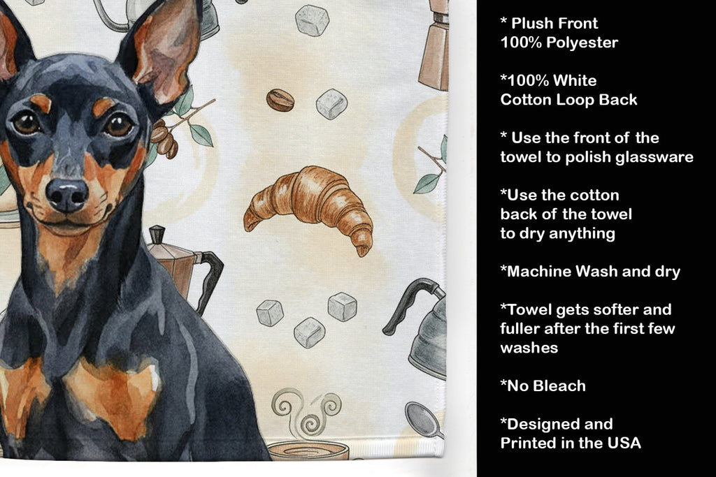 Black and Tan Miniature Pinscher Coffee Bar Kitchen Towel Velour Plush Front and Cotton Loop Back Machine Washable