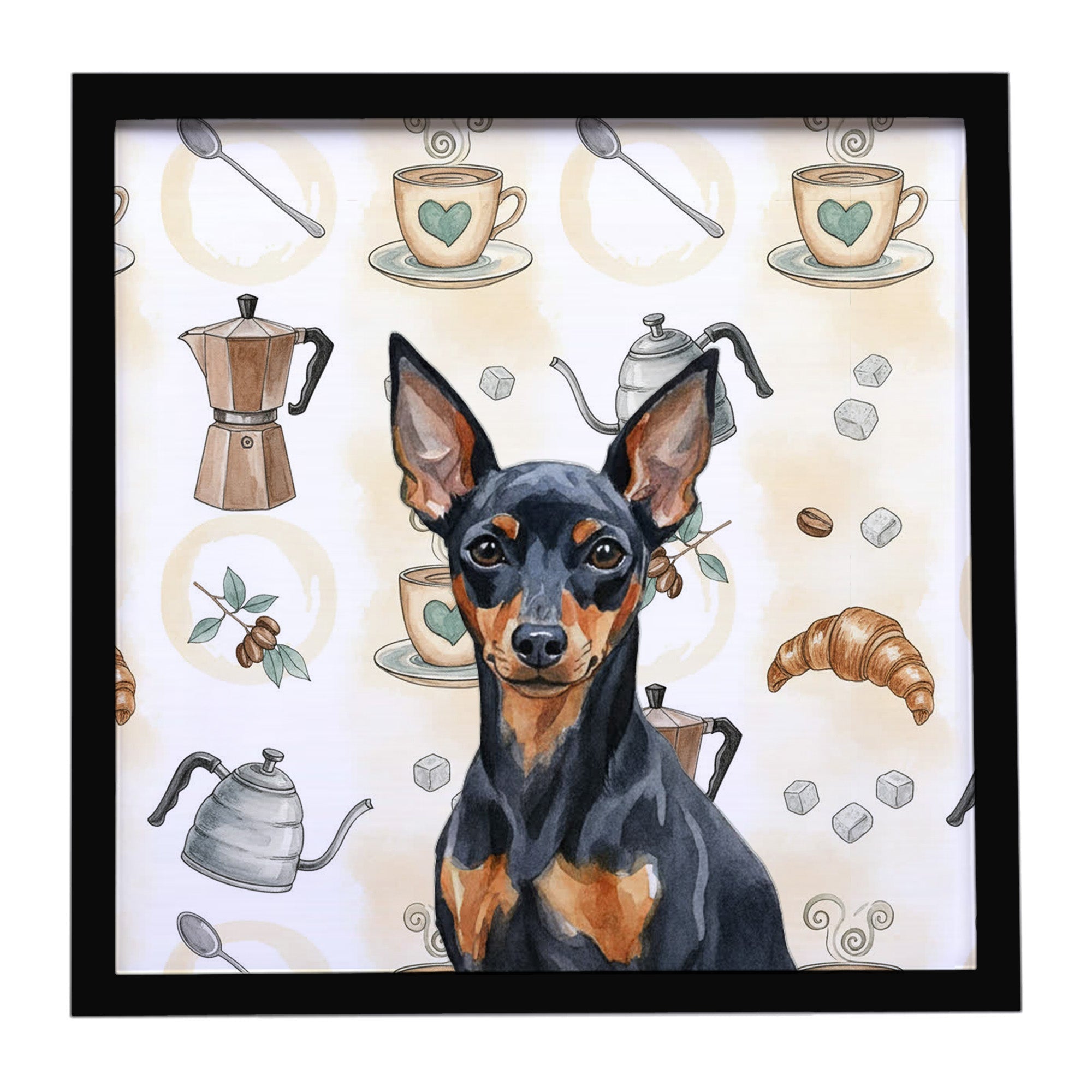 Black and Tan Miniature Pinscher Coffee Bar Framed Metal Print Bathroom, Kitchen, Office, Home Decor Wall Art Ready to Hang, Square, 8X8