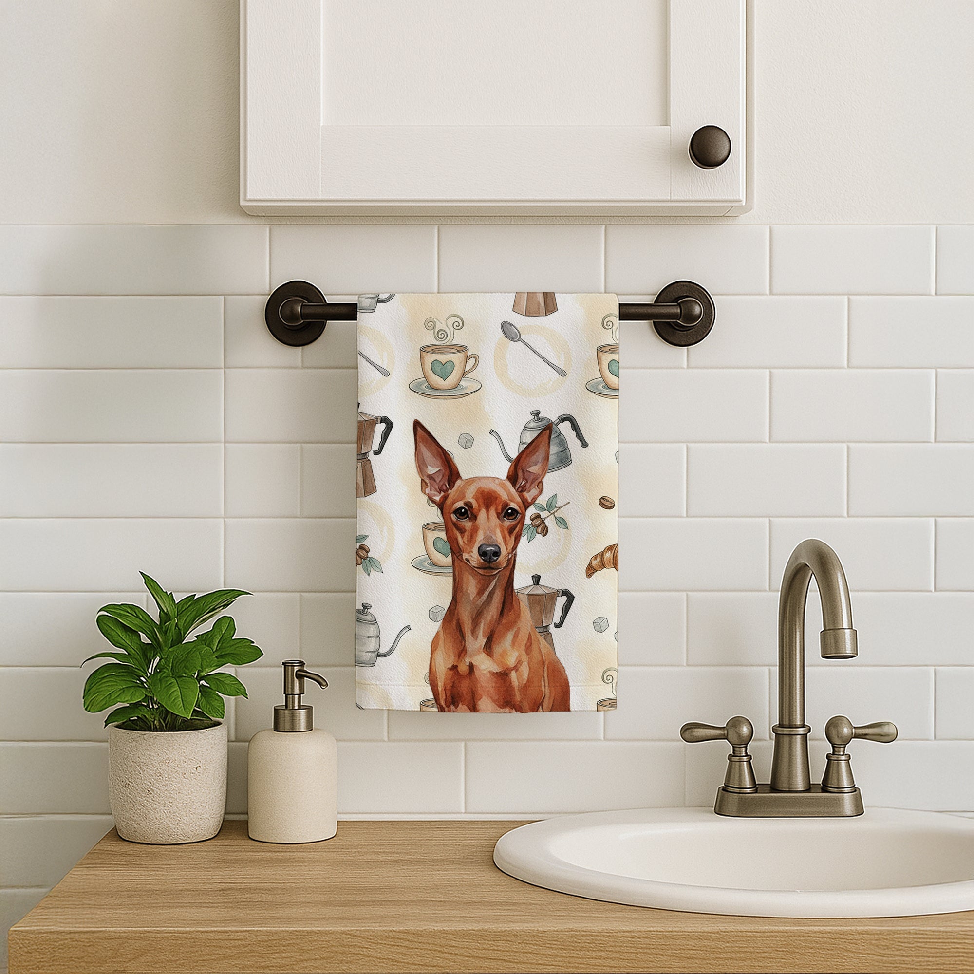 Red Miniature Pinscher Min Pin Coffee Bar Kitchen Towel Velour Plush Front and Cotton Loop Back Machine Washable