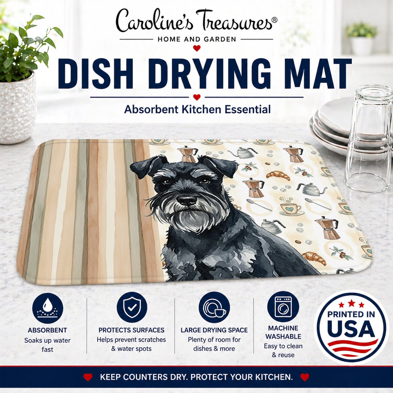 Black Miniature Schnauzer Coffee Bar Dish Drying Mat Absorbent Dish Drying Mat Pad for Kitchen Counter Dish Drainer Mat for Countertop, 14 x 21", Multicolor