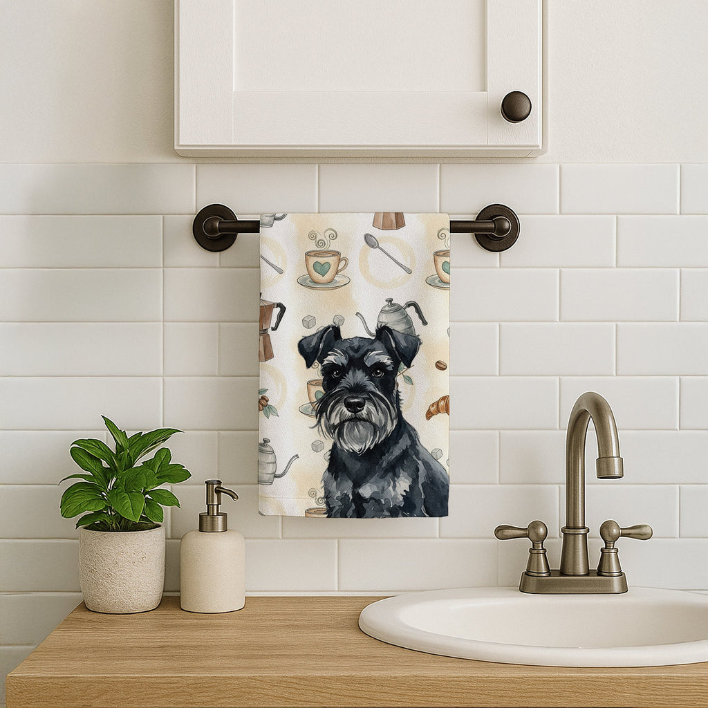 Black Miniature Schnauzer Coffee Bar Kitchen Towel Velour Plush Front and Cotton Loop Back Machine Washable