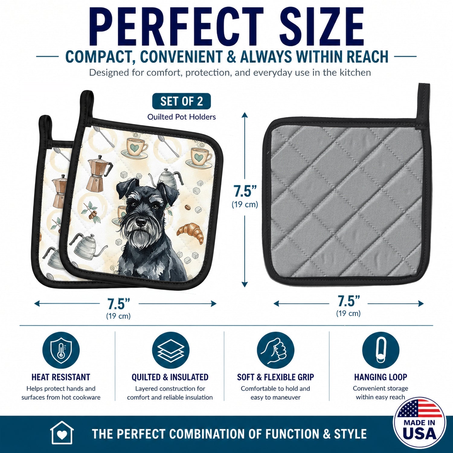 Black Miniature Schnauzer Coffee Bar Pot Holder Set of 2 Heat Resistant Quilted Hot Pads 7.5 x 7.5 Inch, Insulated Kitchen Trivets for Cooking & Baking