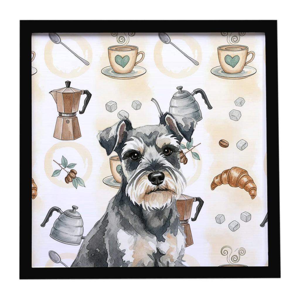Miniature Schnauzer Coffee Bar Framed Metal Print Bathroom, Kitchen, Office, Home Decor Wall Art Ready to Hang, Square, 8X8