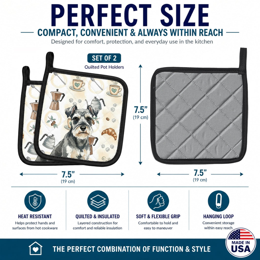 Miniature Schnauzer Coffee Bar Pot Holder Set of 2 Heat Resistant Quilted Hot Pads 7.5 x 7.5 Inch, Insulated Kitchen Trivets for Cooking & Baking