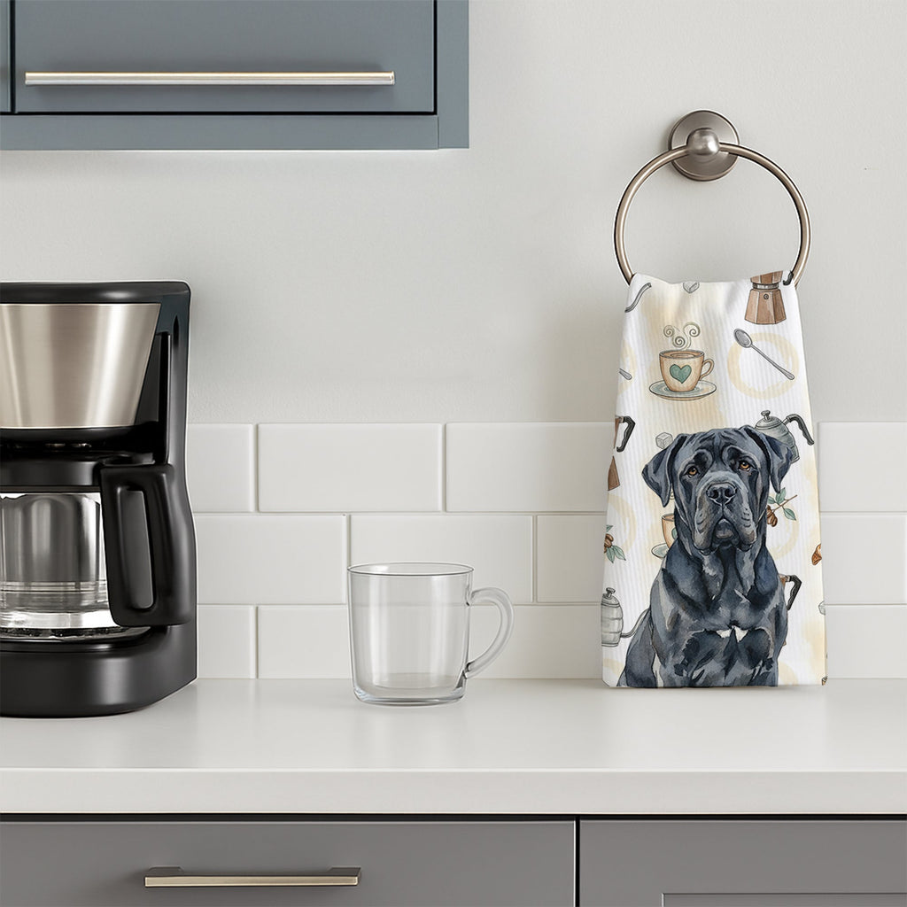 Black Neapolitan Mastiff Coffee Bar Kitchen Towel Velour Plush Front and Cotton Loop Back Machine Washable
