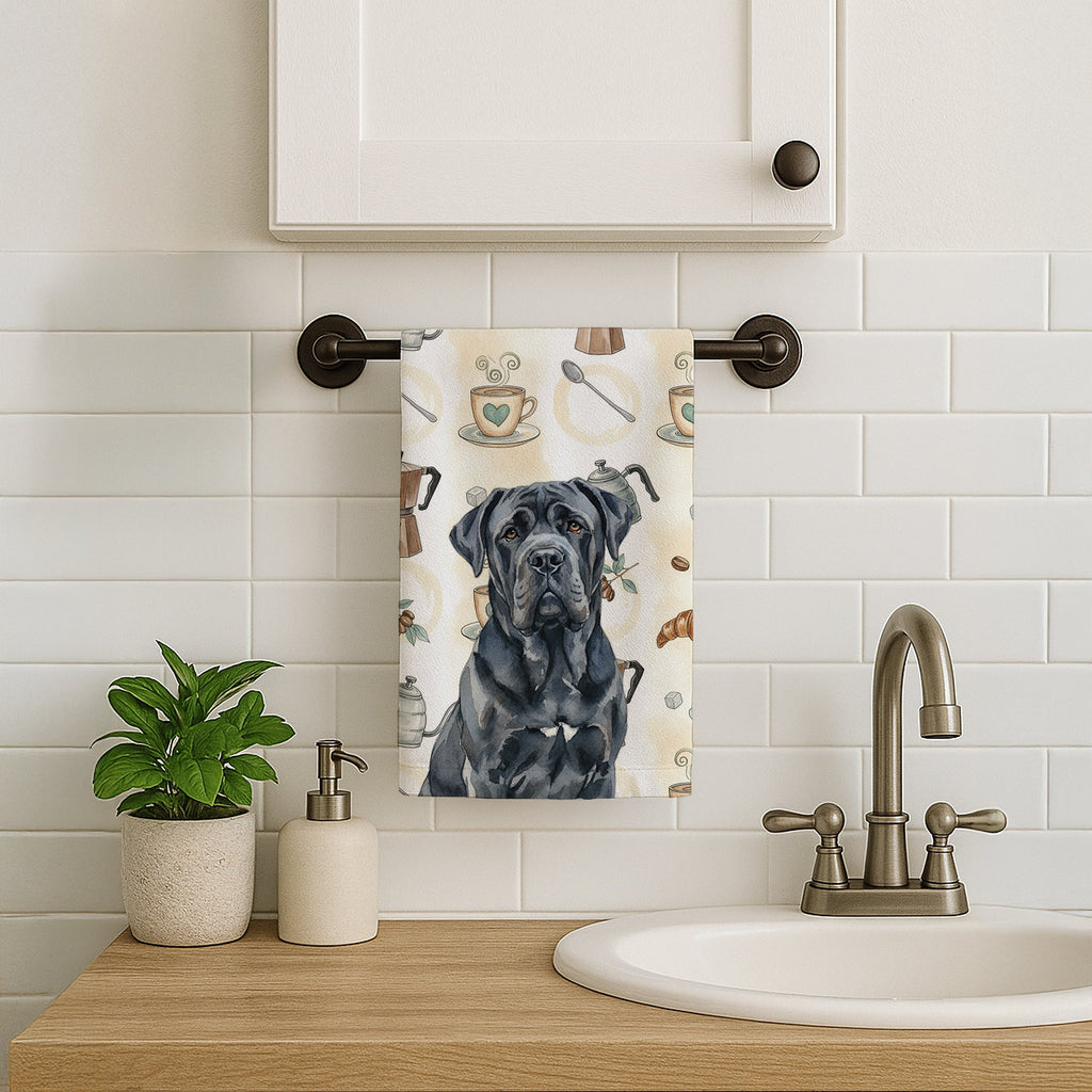Black Neapolitan Mastiff Coffee Bar Kitchen Towel Velour Plush Front and Cotton Loop Back Machine Washable