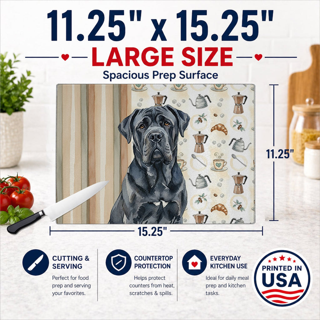 Black Neapolitan Mastiff Coffee Bar Cutting Board Tempered Glass Kitchen Cutting Surface, Heat Resistant Chopping, Non-Slip Feet, Food Prep & Serving