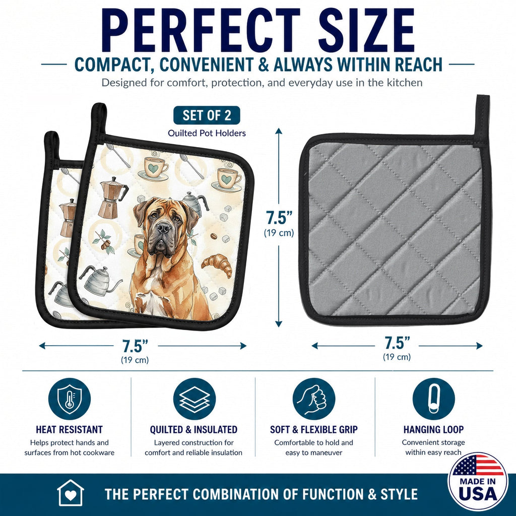 Neapolitan Mastiff Coffee Bar Pot Holder Set of 2 Heat Resistant Quilted Hot Pads 7.5 x 7.5 Inch, Insulated Kitchen Trivets for Cooking & Baking