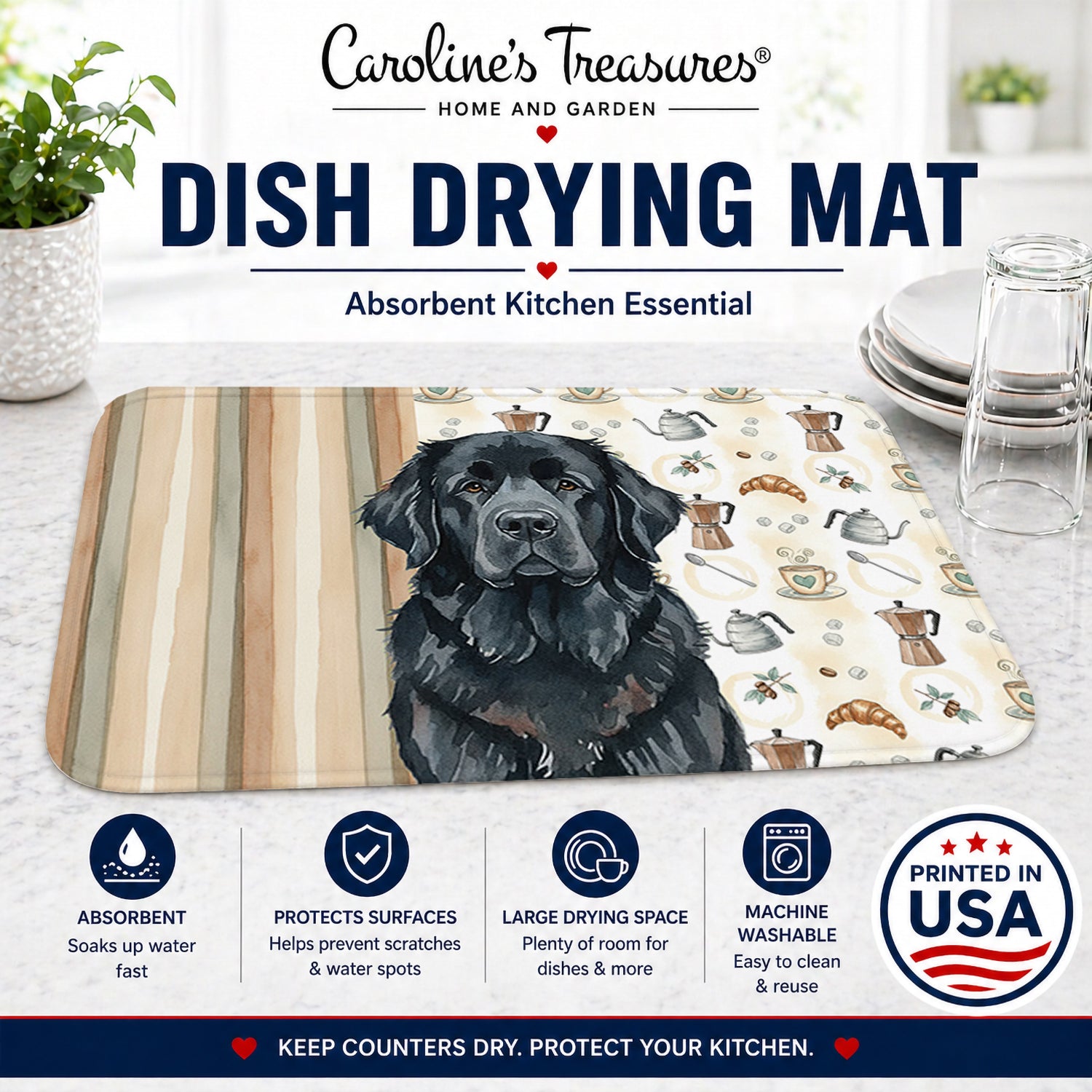 Black Newfoundland Coffee Bar Dish Drying Mat Absorbent Dish Drying Mat Pad for Kitchen Counter Dish Drainer Mat for Countertop, 14 x 21", Multicolor