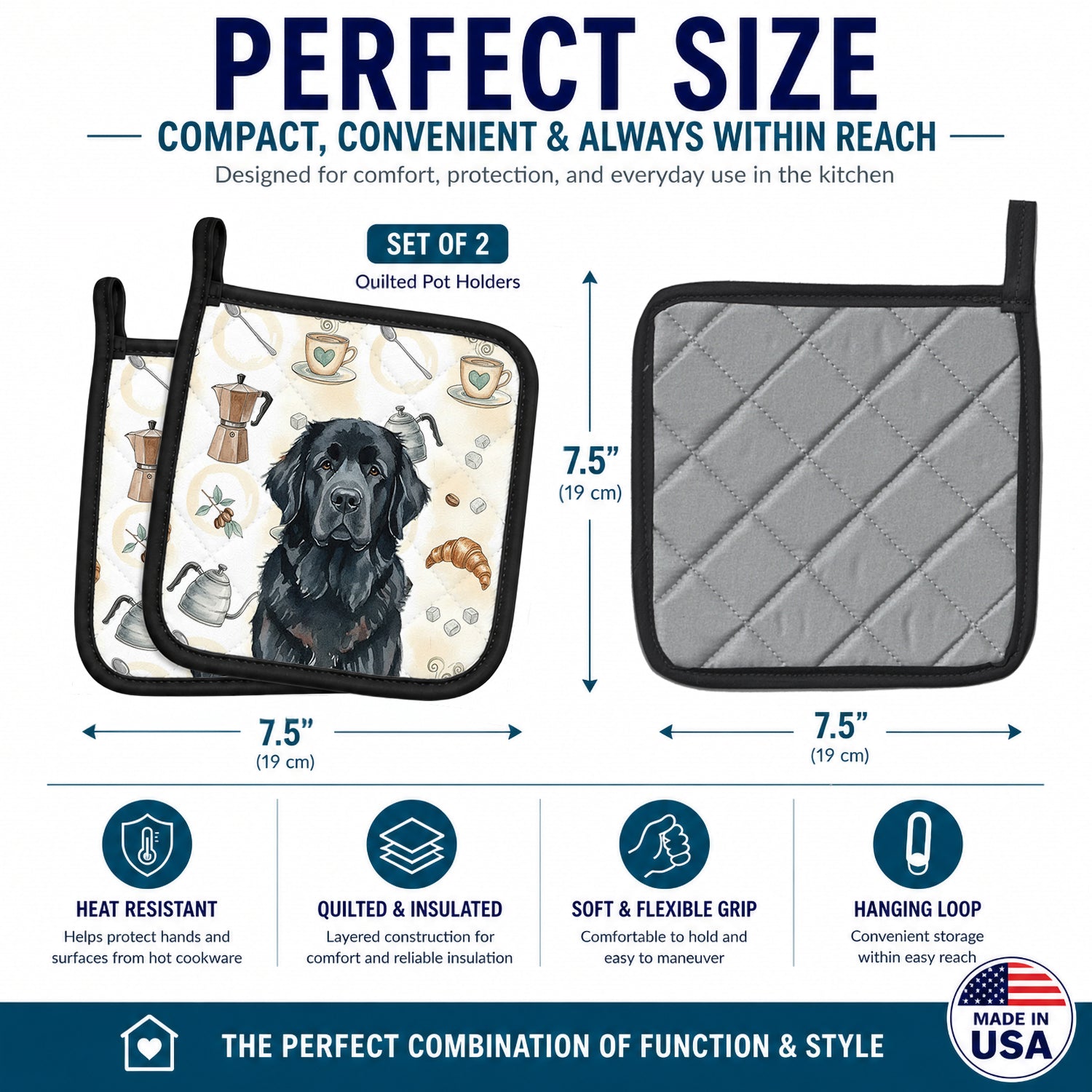 Black Newfoundland Coffee Bar Pot Holder Set of 2 Heat Resistant Quilted Hot Pads 7.5 x 7.5 Inch, Insulated Kitchen Trivets for Cooking & Baking
