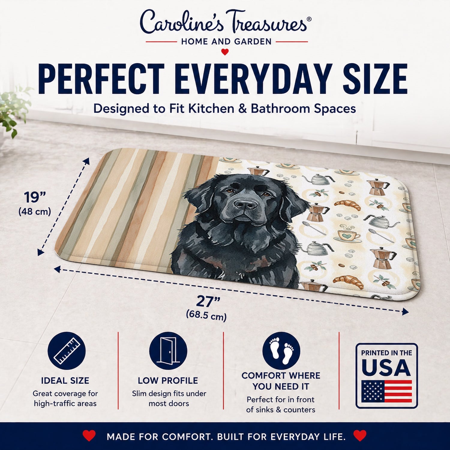 Black Newfoundland Coffee Bar Memory Foam Kitchen Mat Machine Washable Anti-Fatigue Cushion Comfort Bath or Kitchen Rug
