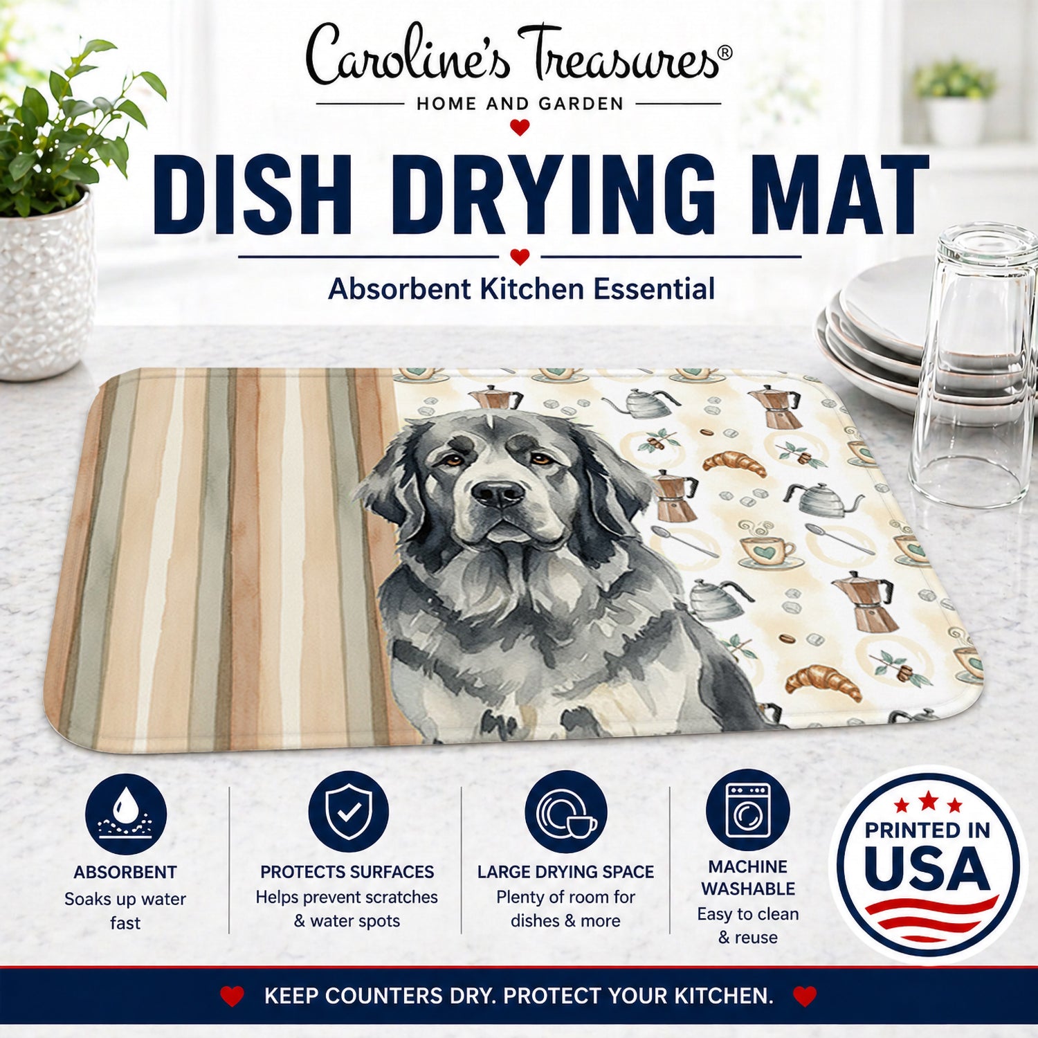 Gray Newfoundland Coffee Bar Dish Drying Mat Absorbent Dish Drying Mat Pad for Kitchen Counter Dish Drainer Mat for Countertop, 14 x 21", Multicolor