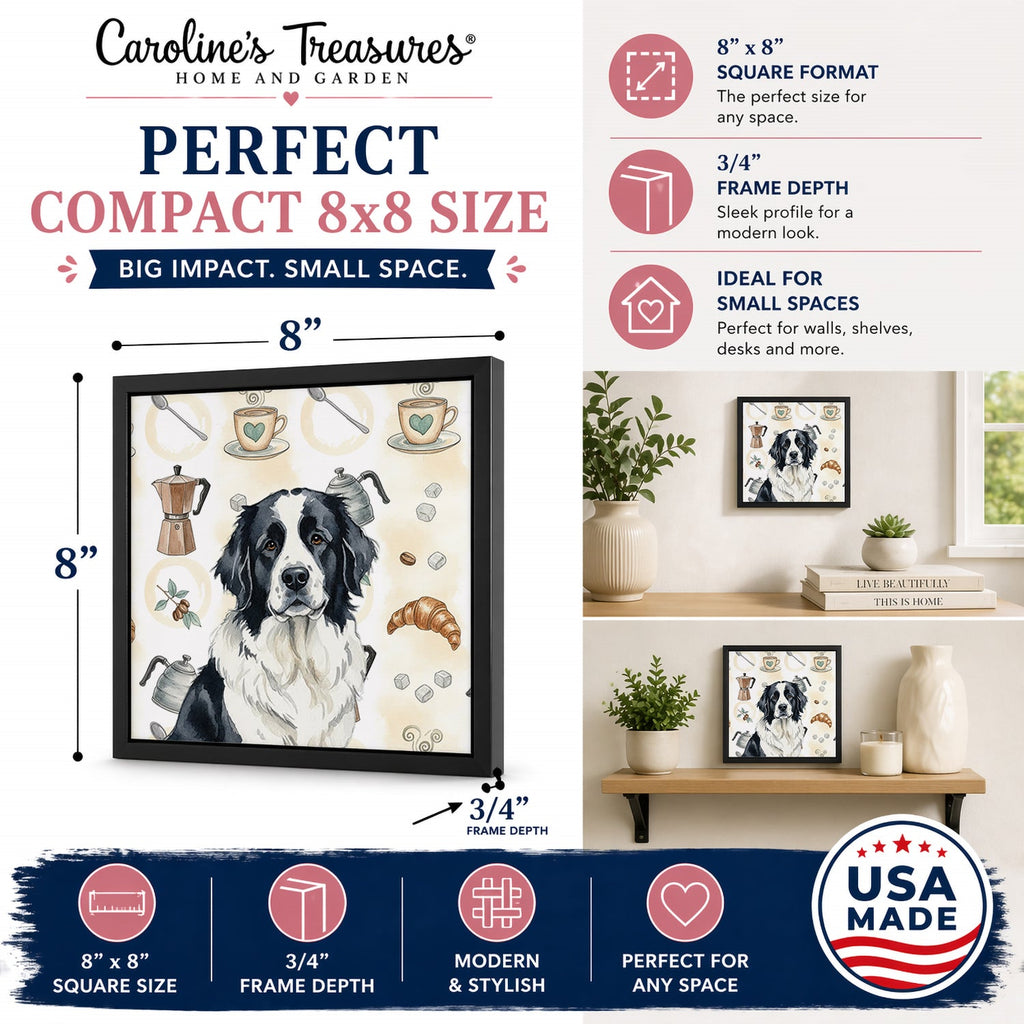 Landseer Newfoundland Coffee Bar Framed Metal Print Bathroom, Kitchen, Office, Home Decor Wall Art Ready to Hang, Square, 8X8