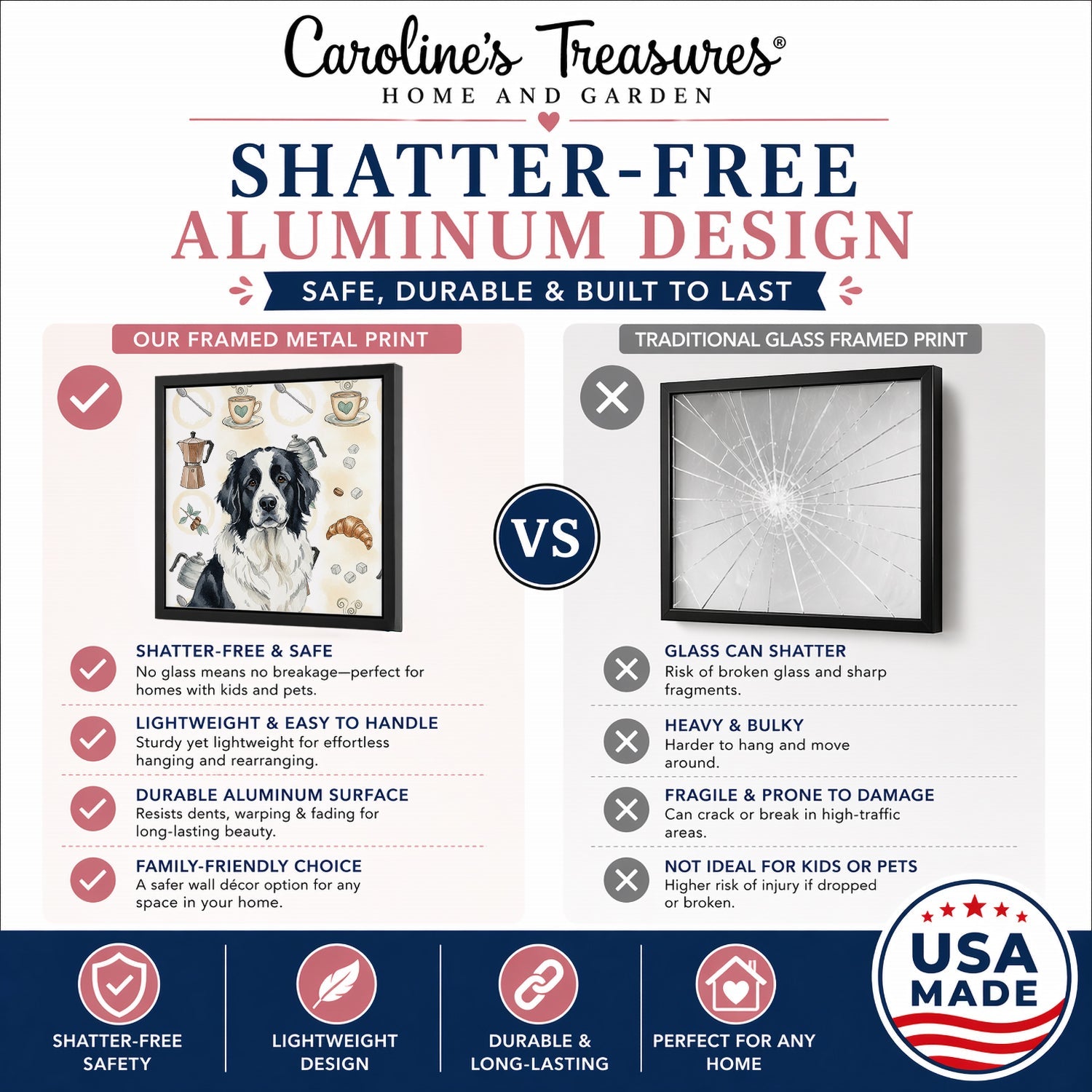 Landseer Newfoundland Coffee Bar Framed Metal Print Bathroom, Kitchen, Office, Home Decor Wall Art Ready to Hang, Square, 8X8