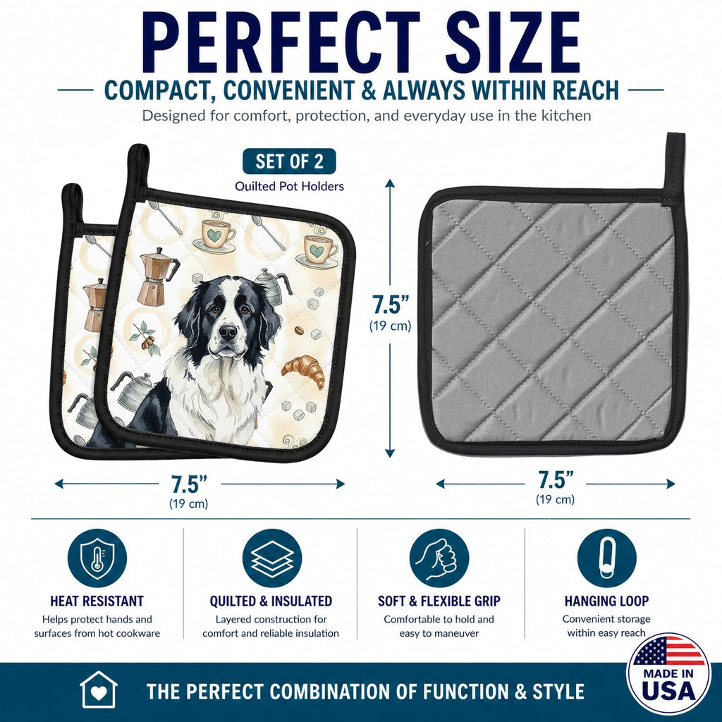 Landseer Newfoundland Coffee Bar Pot Holder Set of 2 Heat Resistant Quilted Hot Pads 7.5 x 7.5 Inch, Insulated Kitchen Trivets for Cooking & Baking