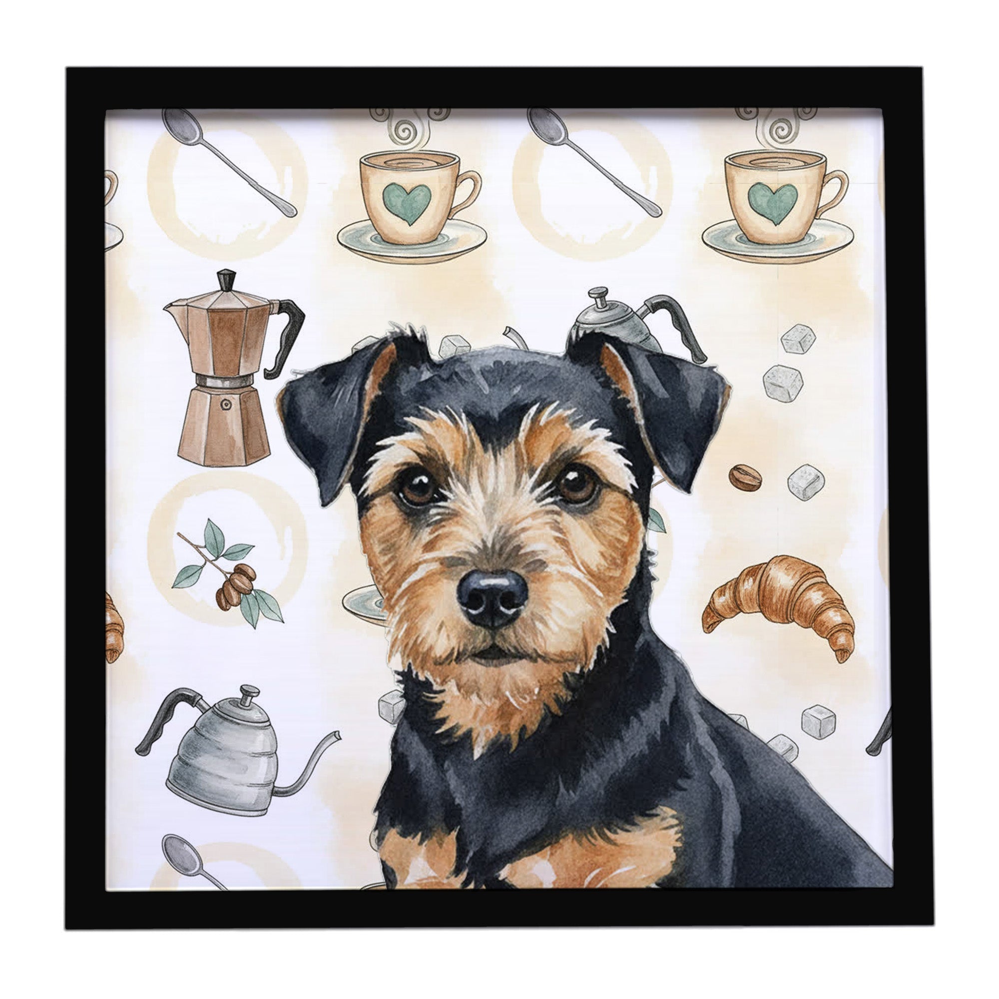 Black and Tan Norfolk Terrier Coffee Bar Framed Metal Print Bathroom, Kitchen, Office, Home Decor Wall Art Ready to Hang, Square, 8X8
