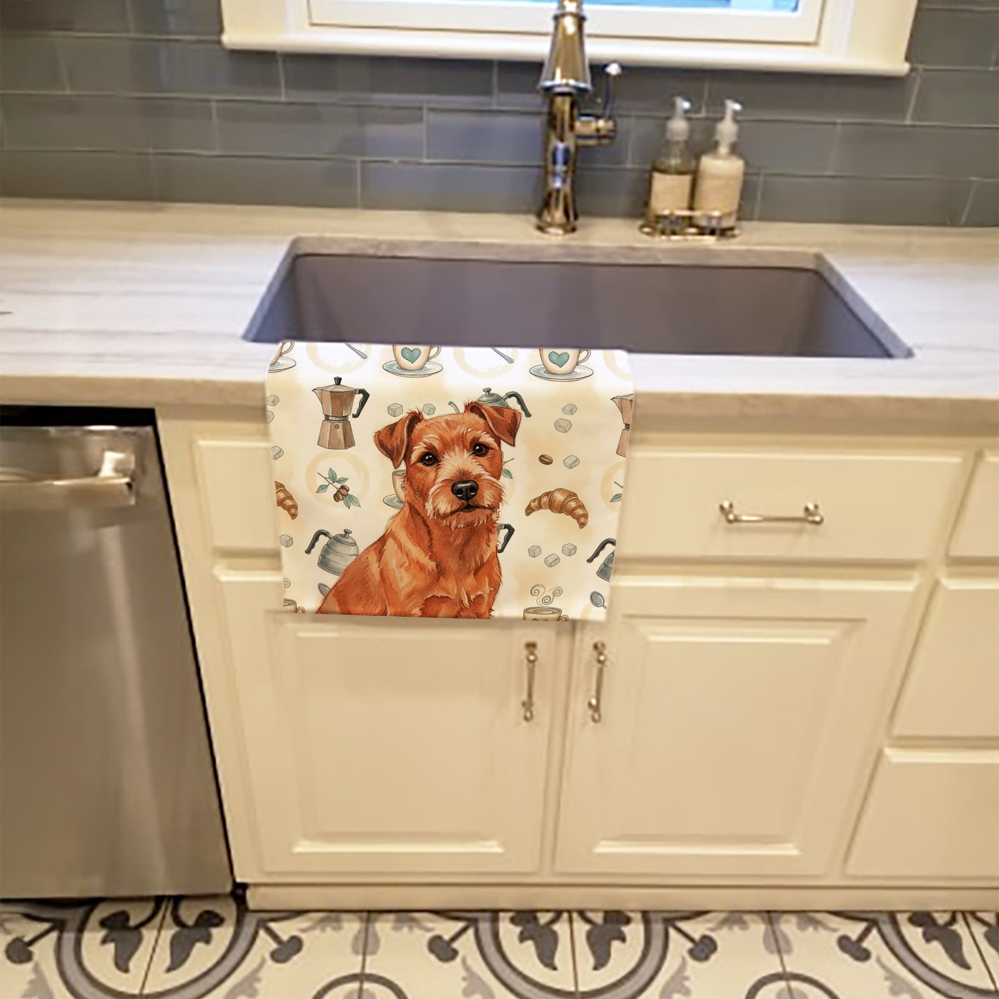 Red Norfolk Terrier Coffee Bar Kitchen Towel Velour Plush Front and Cotton Loop Back Machine Washable