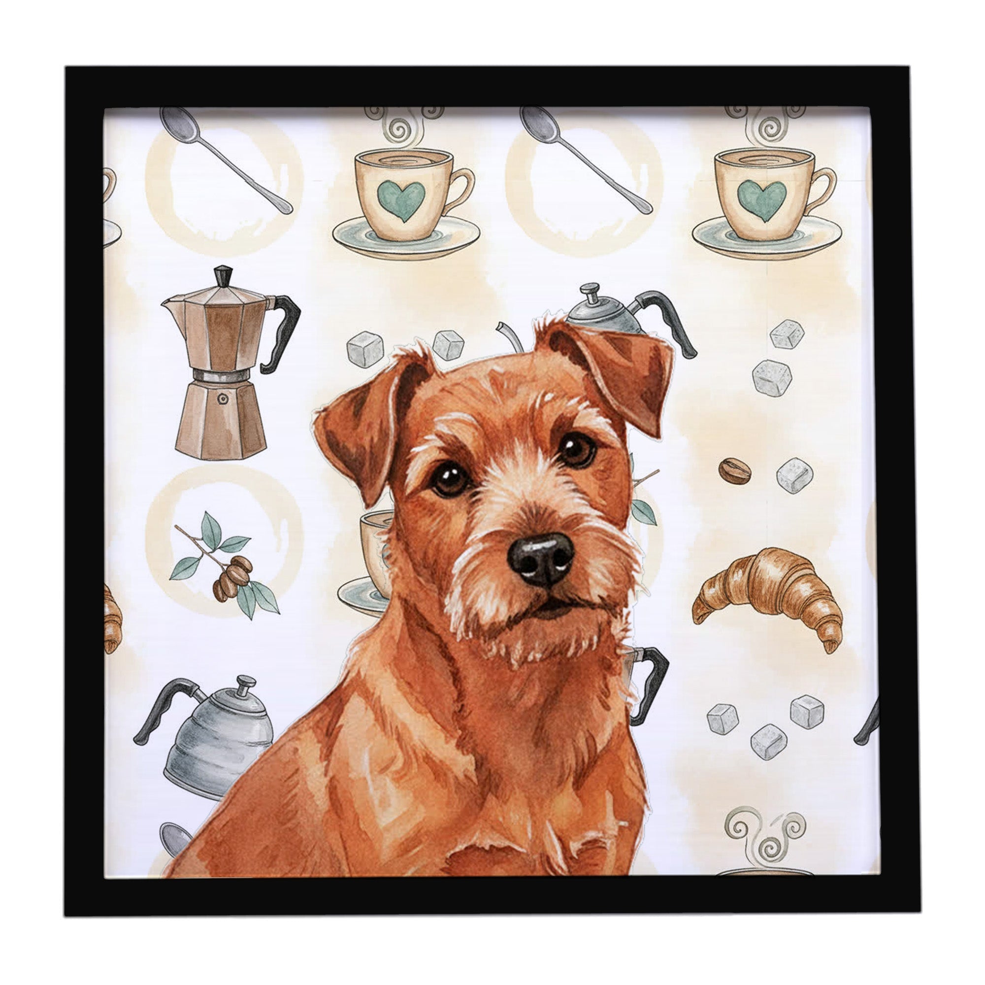 Red Norfolk Terrier Coffee Bar Framed Metal Print Bathroom, Kitchen, Office, Home Decor Wall Art Ready to Hang, Square, 8X8