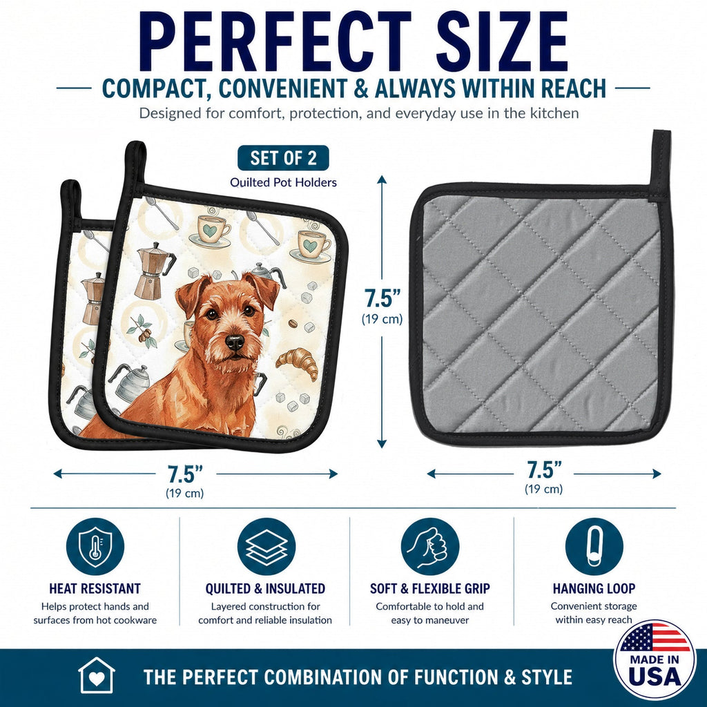 Red Norfolk Terrier Coffee Bar Pot Holder Set of 2 Heat Resistant Quilted Hot Pads 7.5 x 7.5 Inch, Insulated Kitchen Trivets for Cooking & Baking