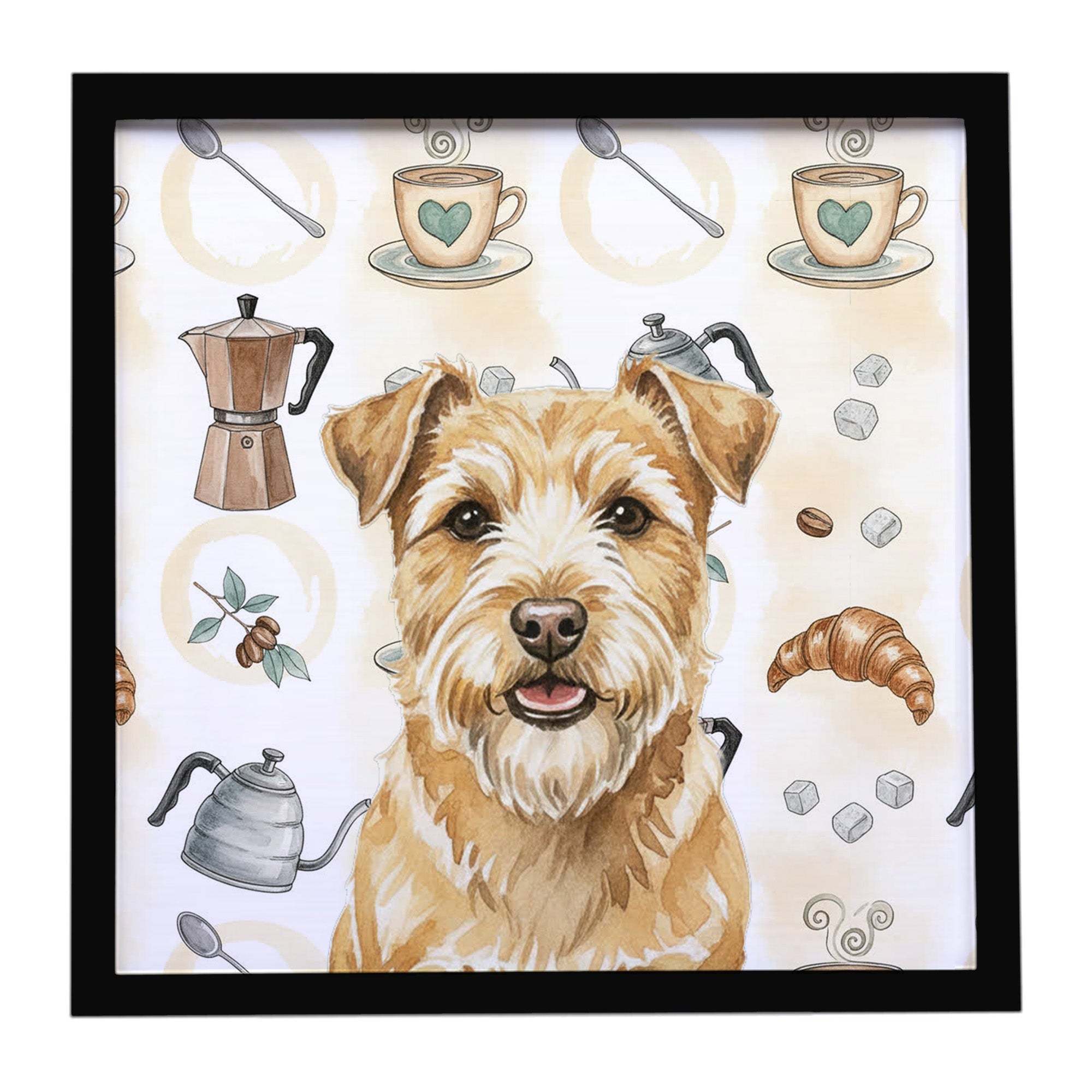 Wheaten Norfolk Terrier Coffee Bar Framed Metal Print Bathroom, Kitchen, Office, Home Decor Wall Art Ready to Hang, Square, 8X8