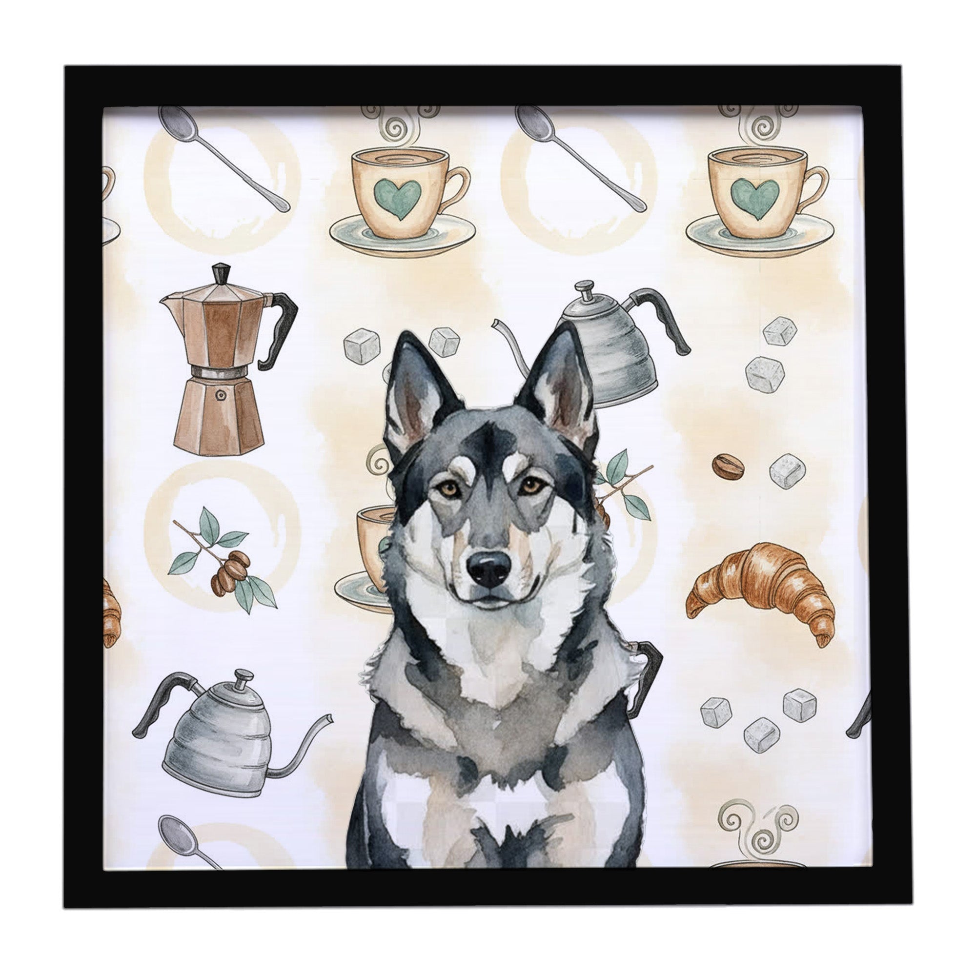 Norwegian Elkhound Coffee Bar Framed Metal Print Bathroom, Kitchen, Office, Home Decor Wall Art Ready to Hang, Square, 8X8