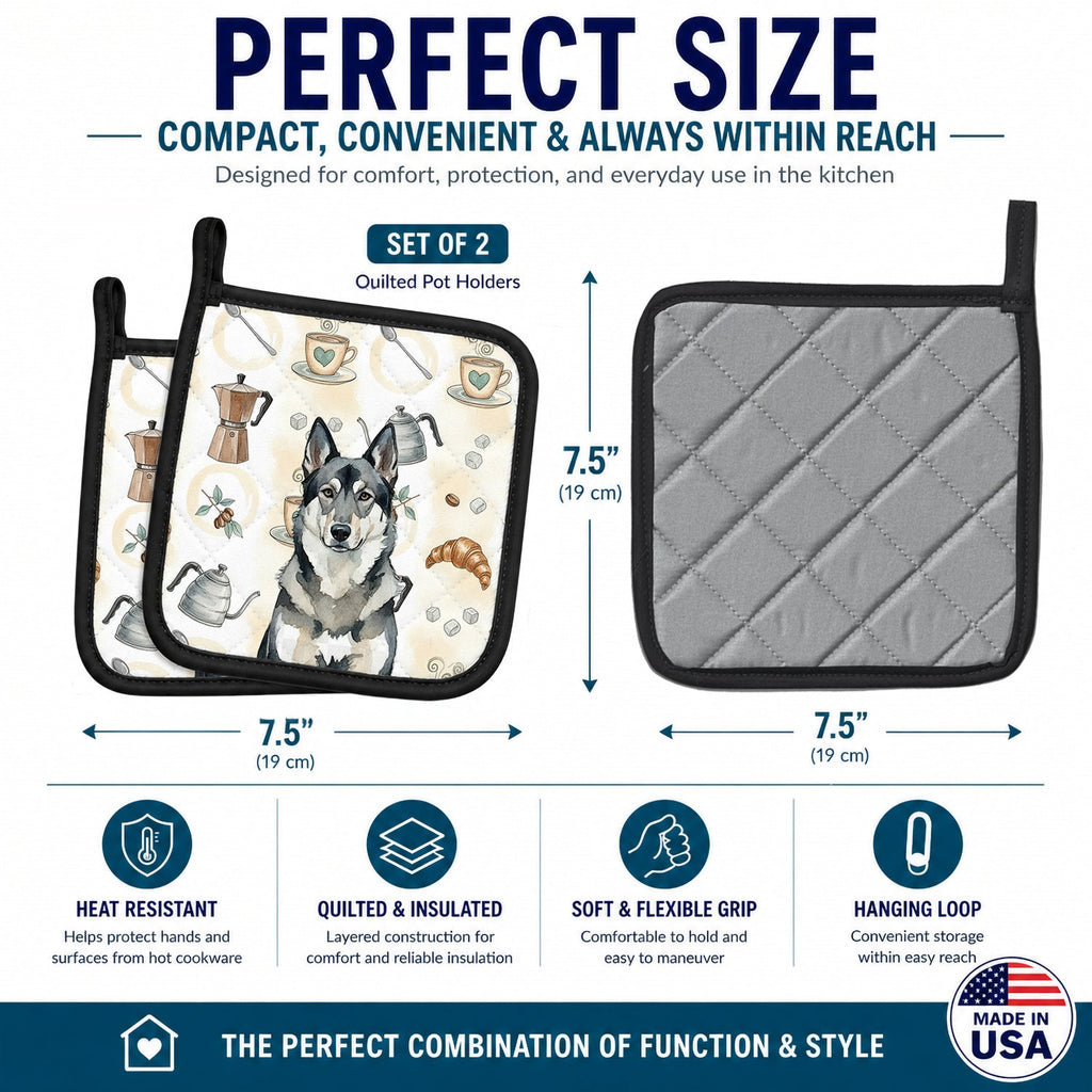 Norwegian Elkhound Coffee Bar Pot Holder Set of 2 Heat Resistant Quilted Hot Pads 7.5 x 7.5 Inch, Insulated Kitchen Trivets for Cooking & Baking