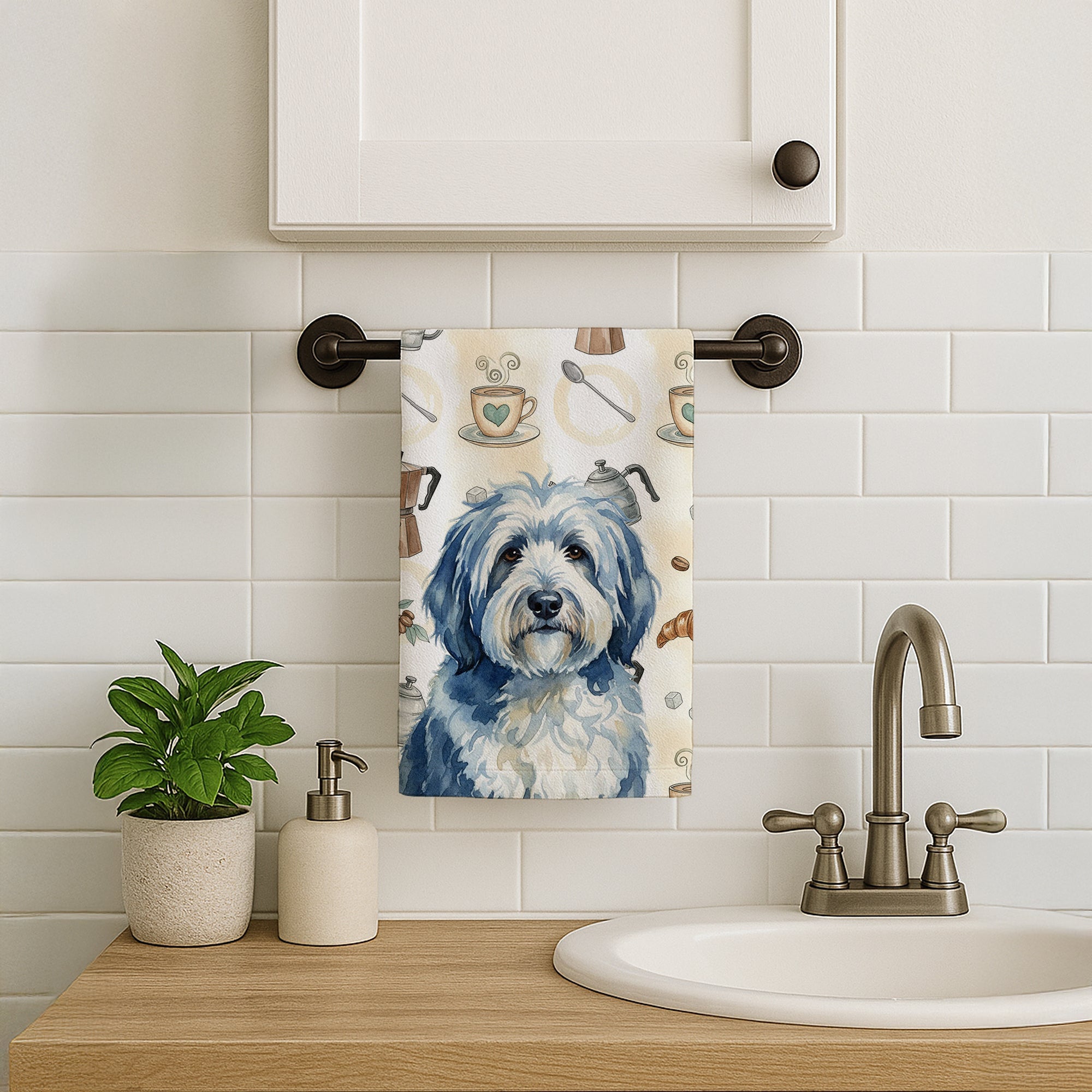 Blue and White Old English Sheepdog Coffee Bar Kitchen Towel Velour Plush Front and Cotton Loop Back Machine Washable