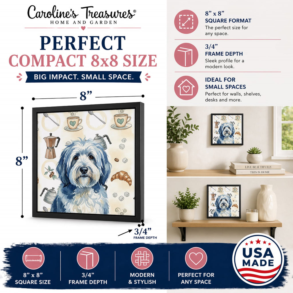 Blue and White Old English Sheepdog Coffee Bar Framed Metal Print Bathroom, Kitchen, Office, Home Decor Wall Art Ready to Hang, Square, 8X8