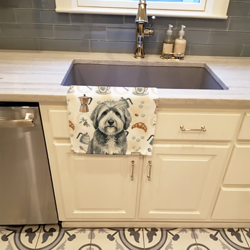 Gray and White Old English Sheepdog Coffee Bar Kitchen Towel Velour Plush Front and Cotton Loop Back Machine Washable