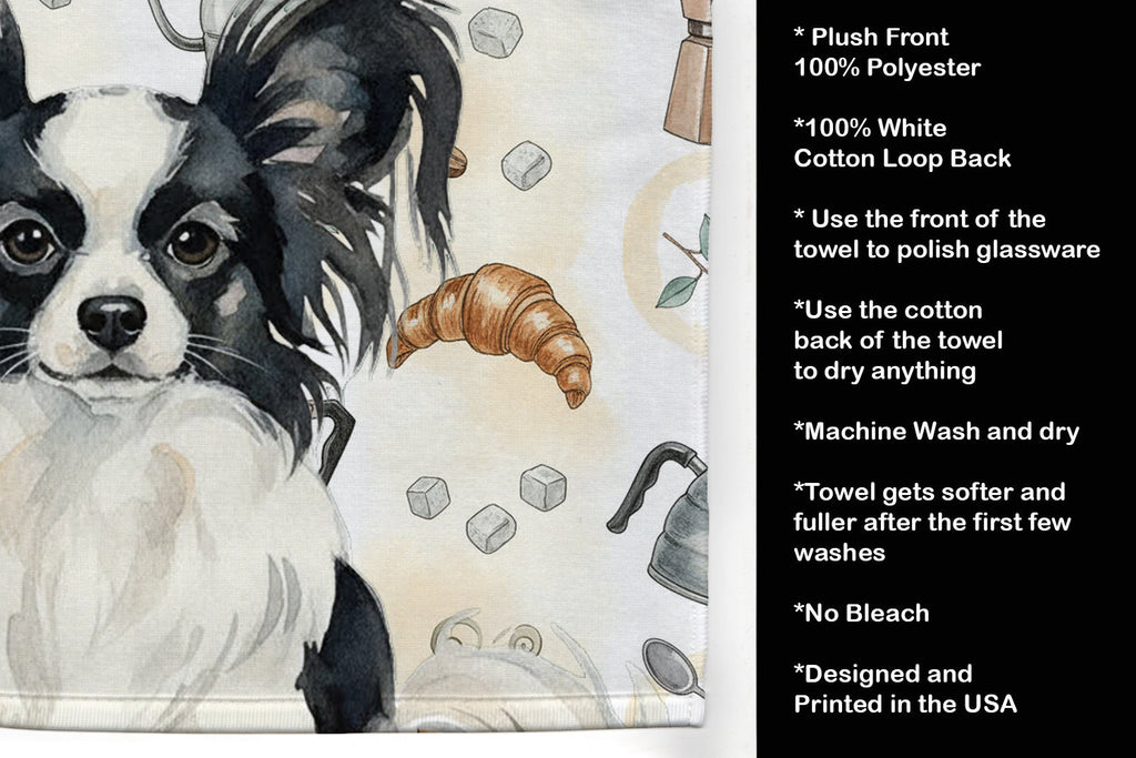 Black and White Papillon Coffee Bar Kitchen Towel Velour Plush Front and Cotton Loop Back Machine Washable