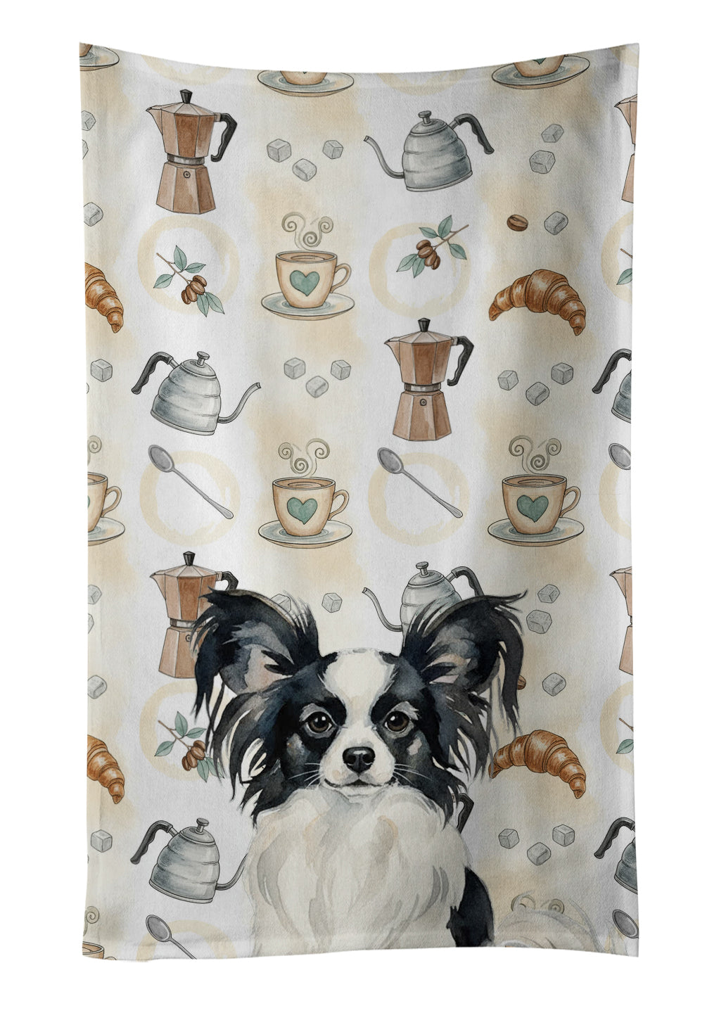 Black and White Papillon Coffee Bar Kitchen Towel Velour Plush Front and Cotton Loop Back Machine Washable