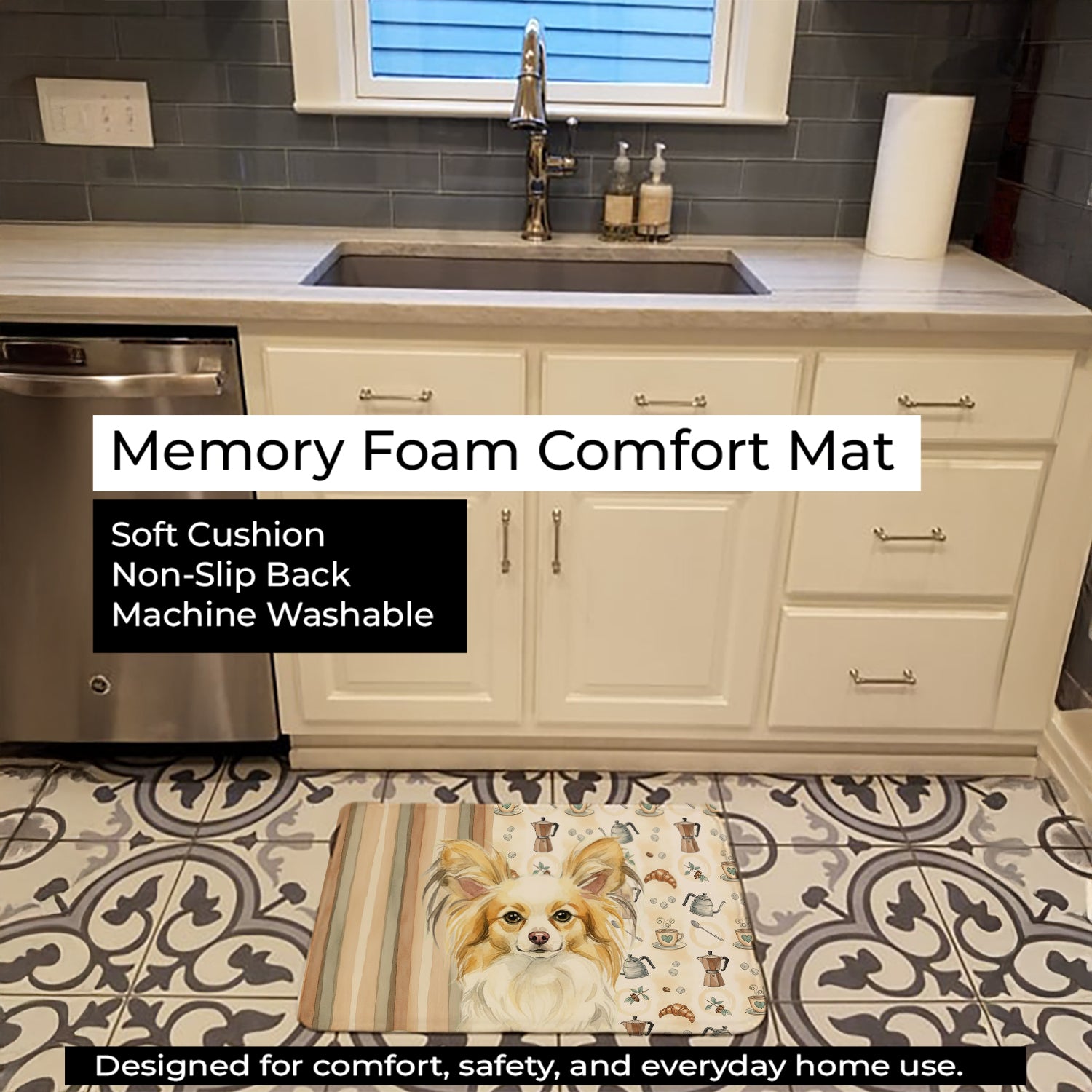 Lemon and White Papillon Coffee Bar Memory Foam Kitchen Mat Machine Washable Anti-Fatigue Cushion Comfort Bath or Kitchen Rug