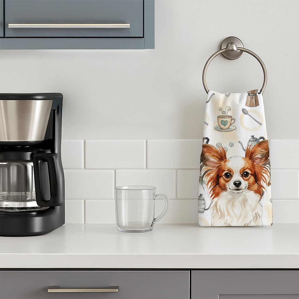 White with Red Papillon Coffee Bar Kitchen Towel Velour Plush Front and Cotton Loop Back Machine Washable