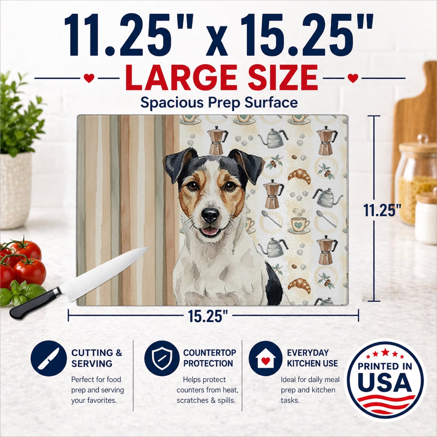 Parson Russell Terrier Coffee Bar Cutting Board Tempered Glass Kitchen Cutting Surface, Heat Resistant Chopping, Non-Slip Feet, Food Prep & Serving